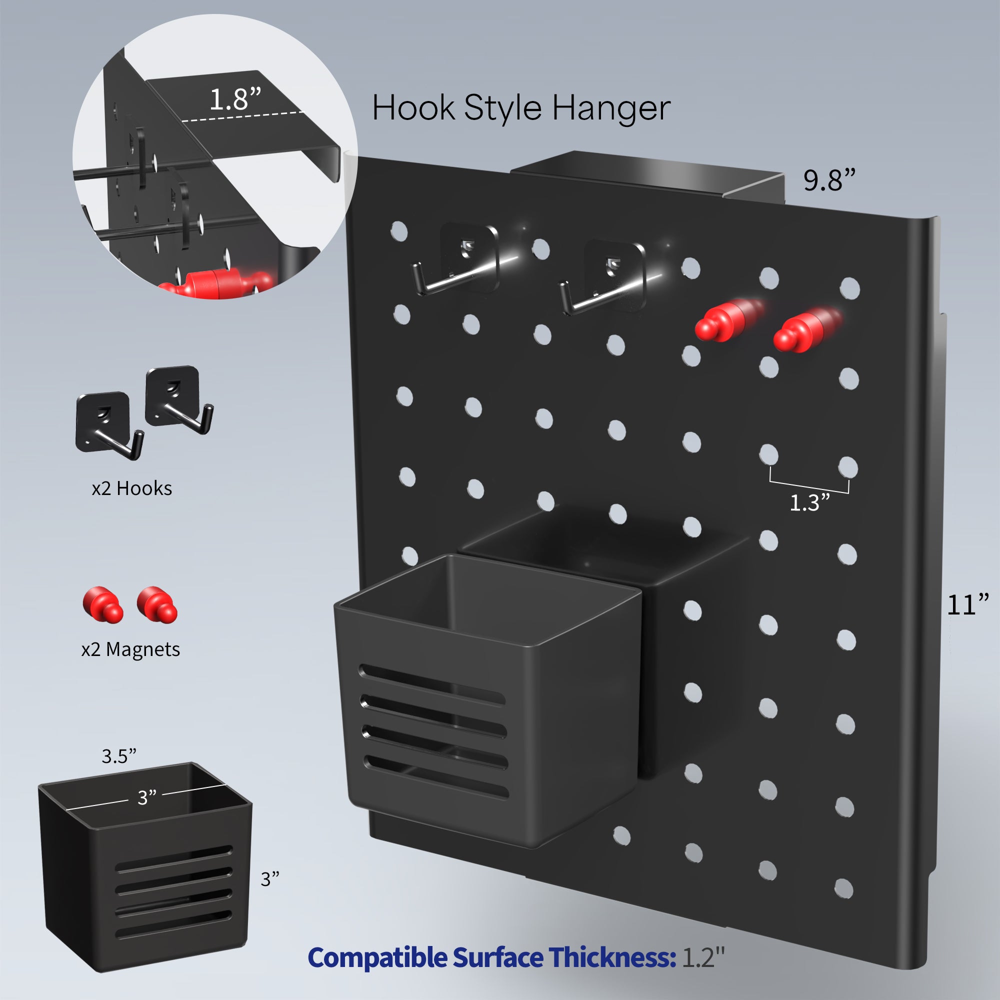 Hanging pegboard for office, home, school, workshop, and more with flexible placement options. Accessories included and zero assembly required!