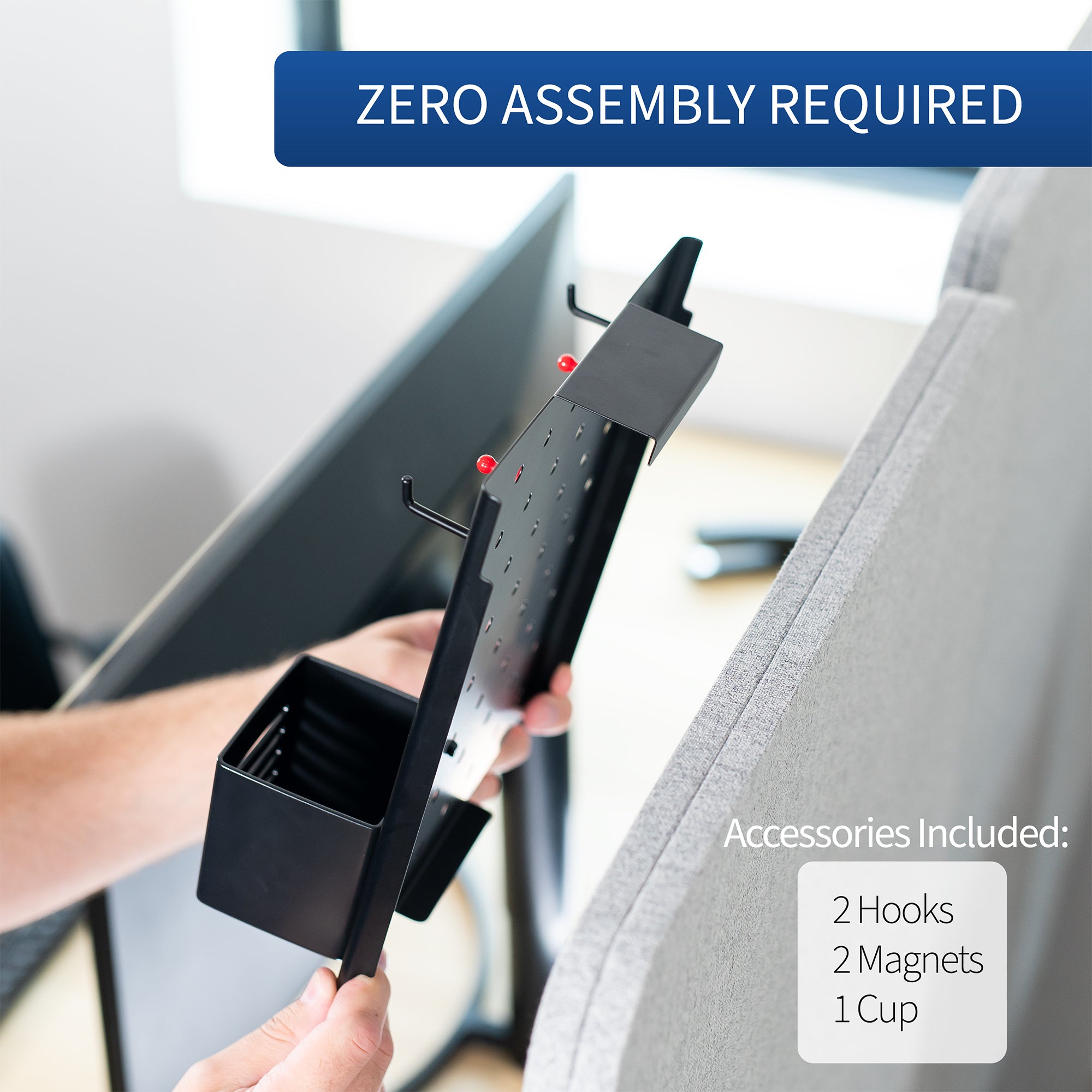 Hanging pegboard for office, home, school, workshop, and more with flexible placement options. Accessories included and zero assembly required!