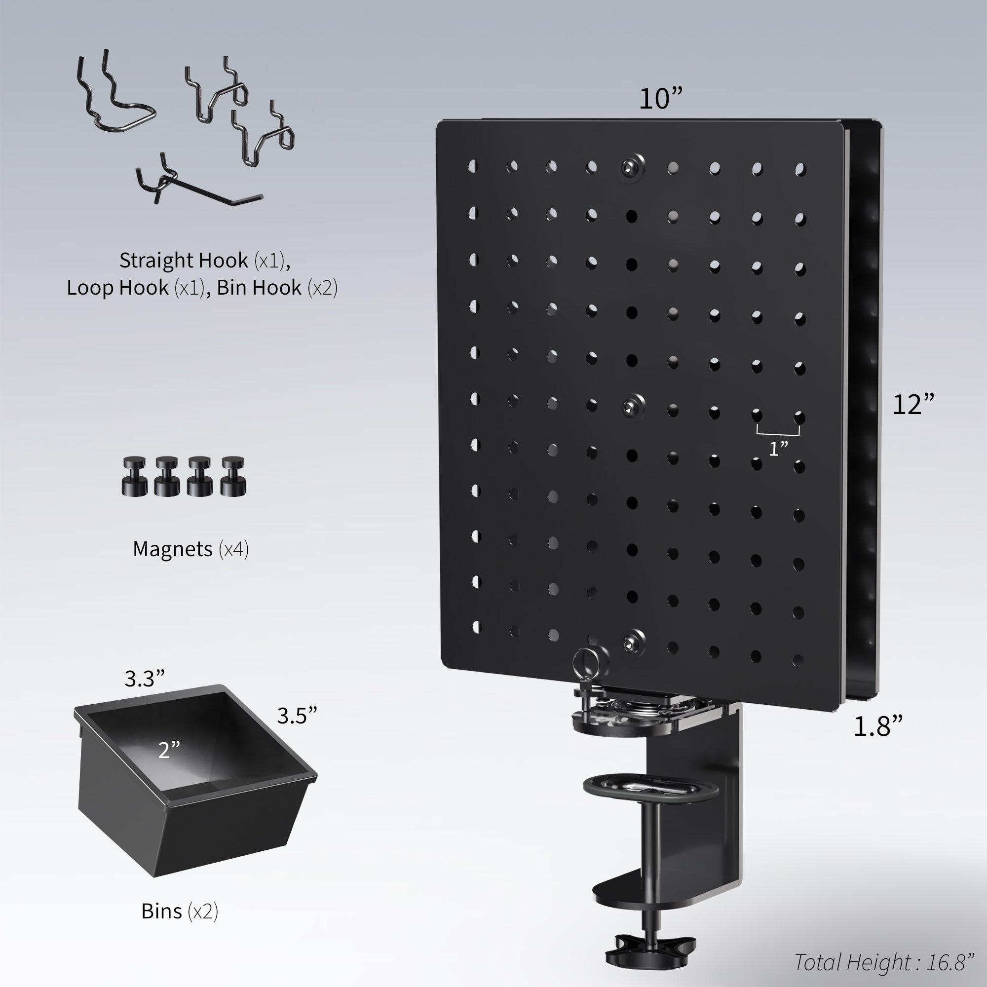 Clamp-on rotating pegboard for storage and privacy with accessories included. Double-sided organization panel featuring flexible placement and an easy assembly process.