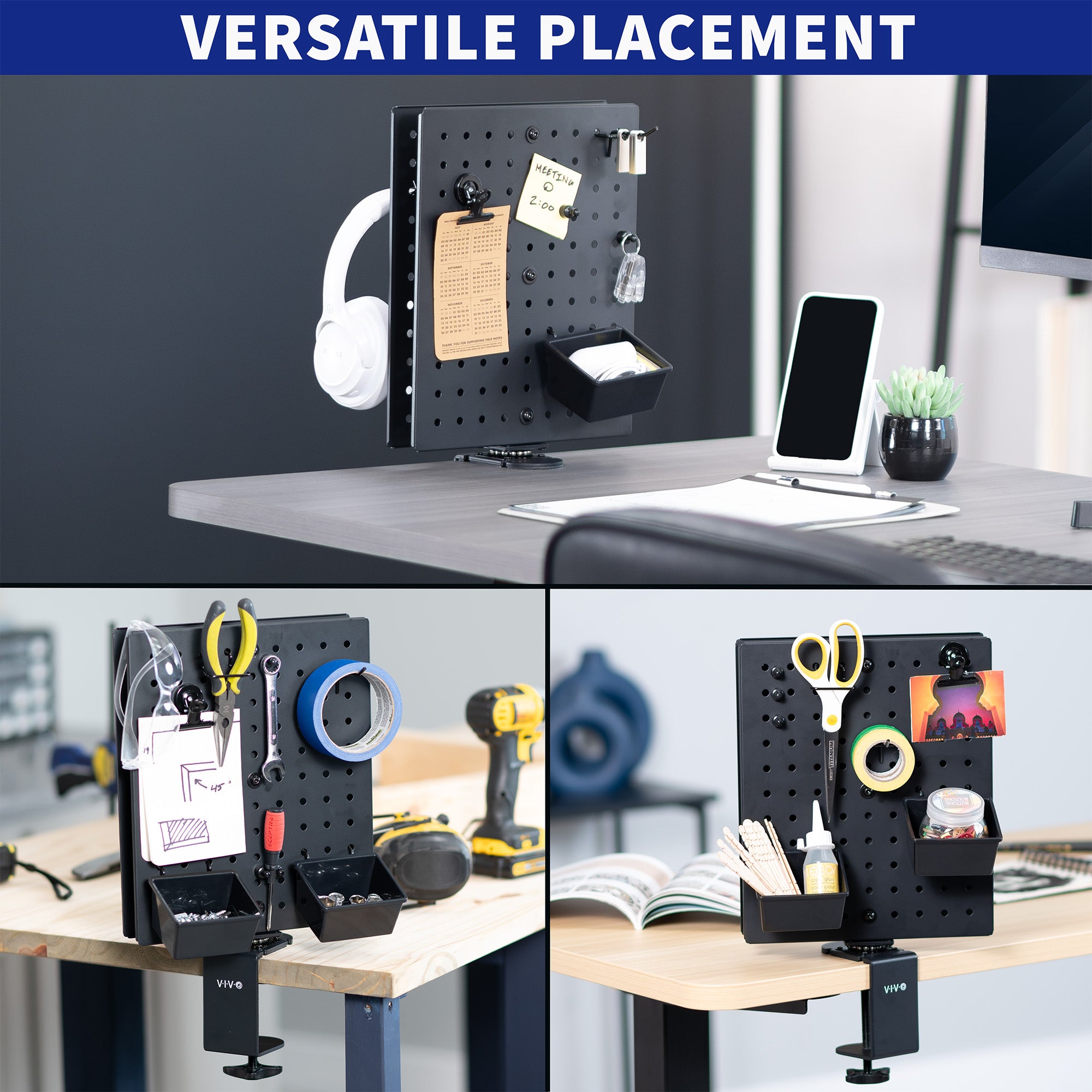 Clamp-on rotating pegboard for storage and privacy with accessories included. Double-sided organization panel featuring flexible placement and an easy assembly process.