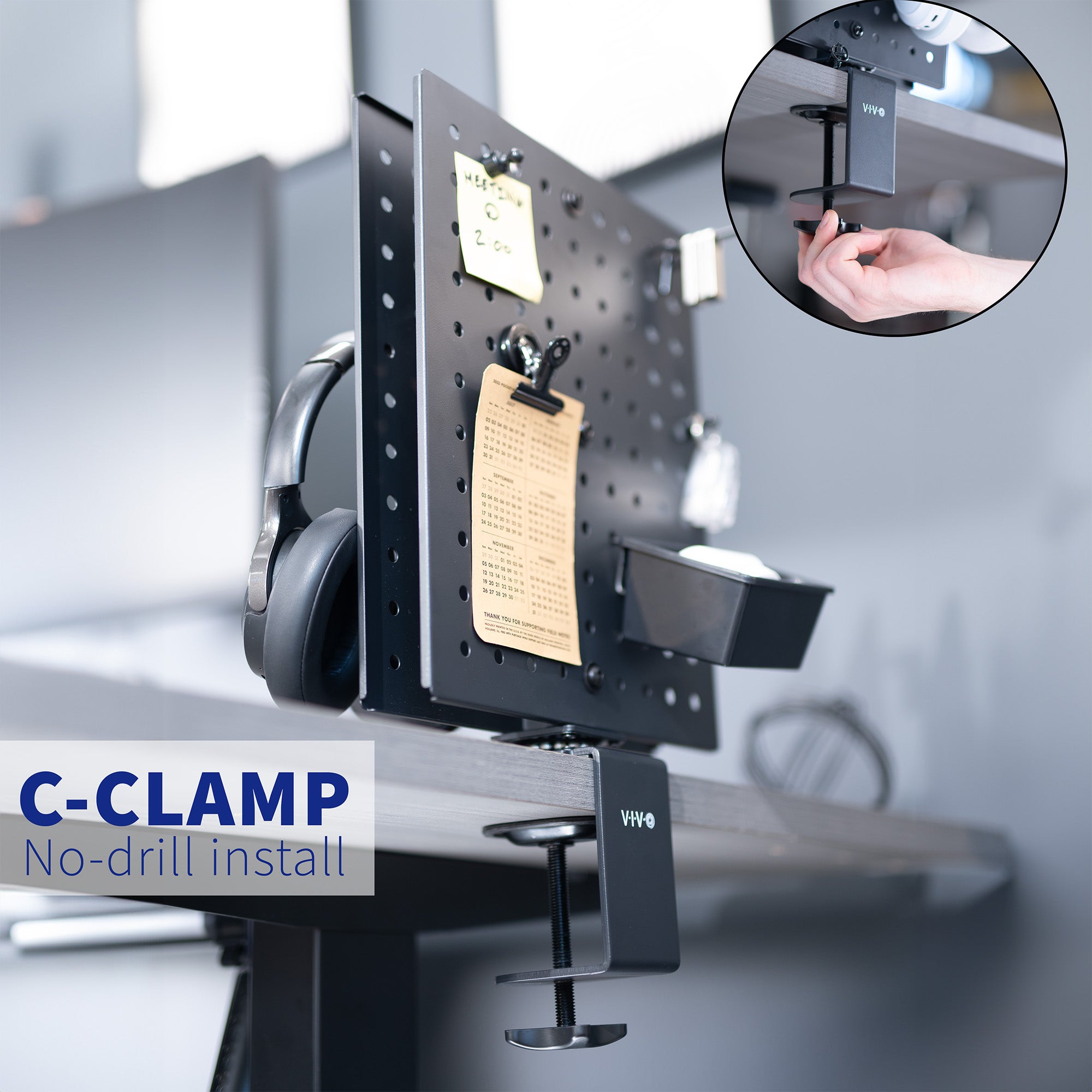 Clamp-on rotating pegboard for storage and privacy with accessories included. Double-sided organization panel featuring flexible placement and an easy assembly process.