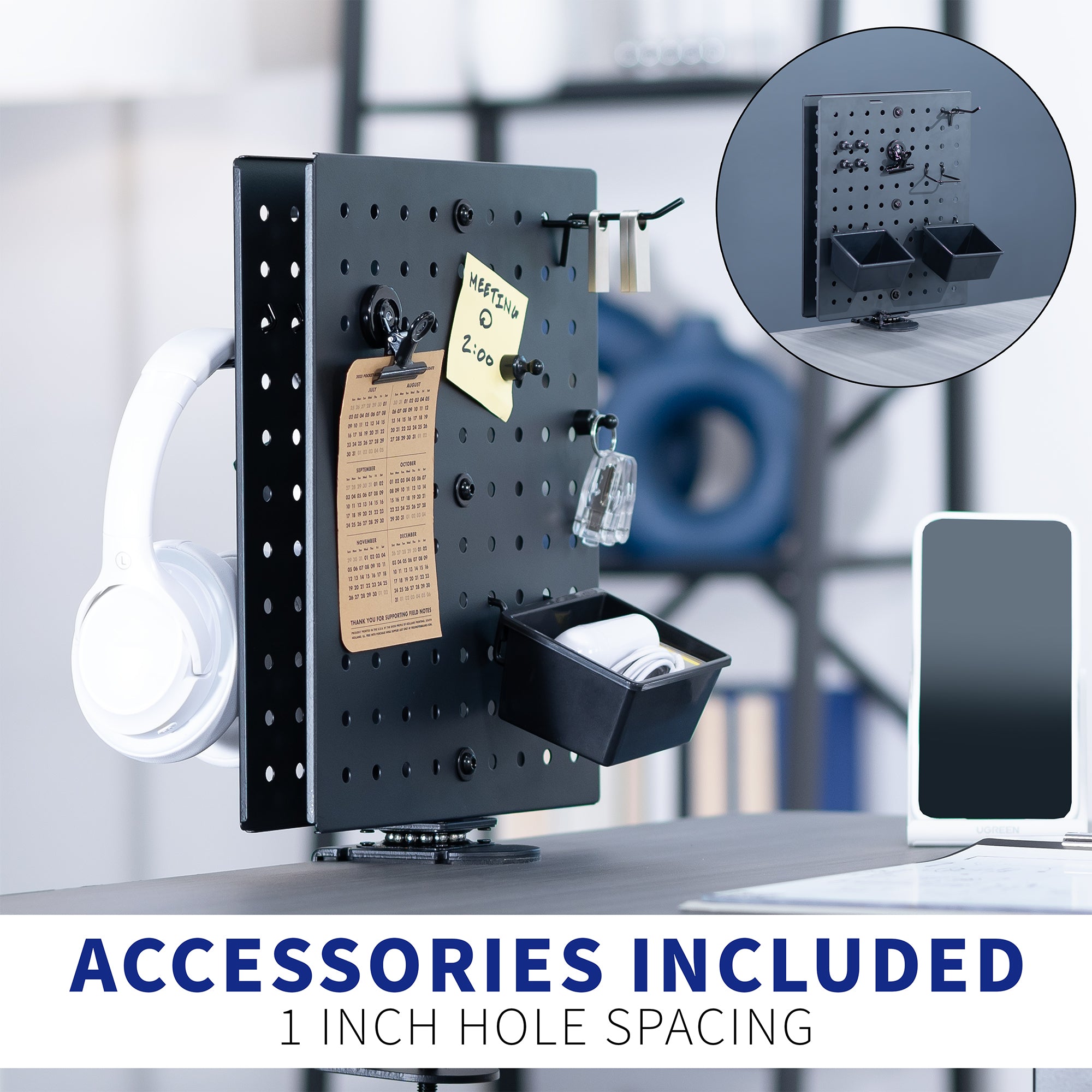 Clamp-on rotating pegboard for storage and privacy with accessories included. Double-sided organization panel featuring flexible placement and an easy assembly process.
