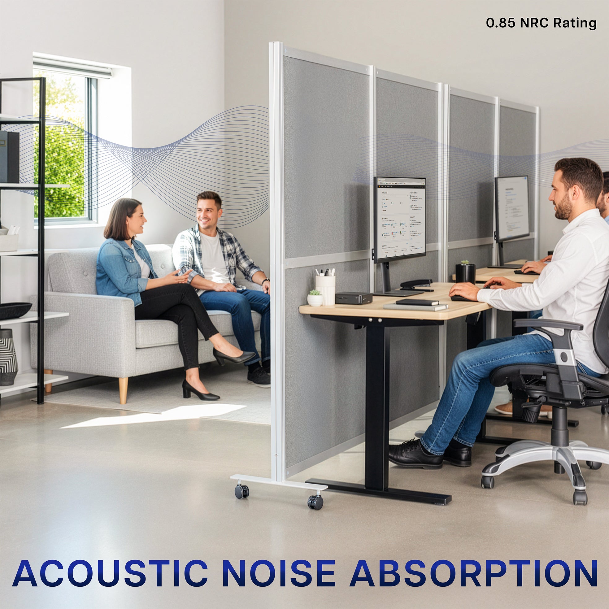 People working in a modern office with Mobile Modular Wall System Freestanding Room Dividers