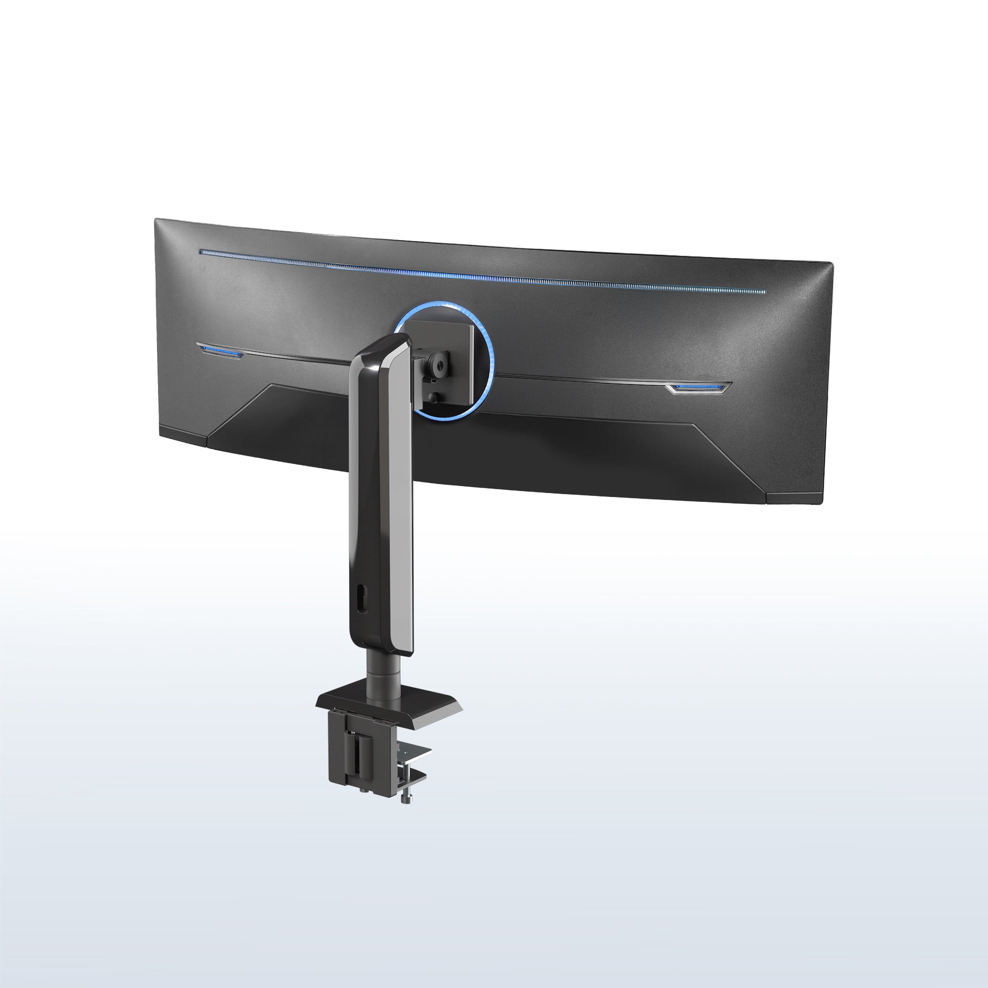 A single ultrawide monitor attached to a vertical lift single monitor desk mount, on a white background.