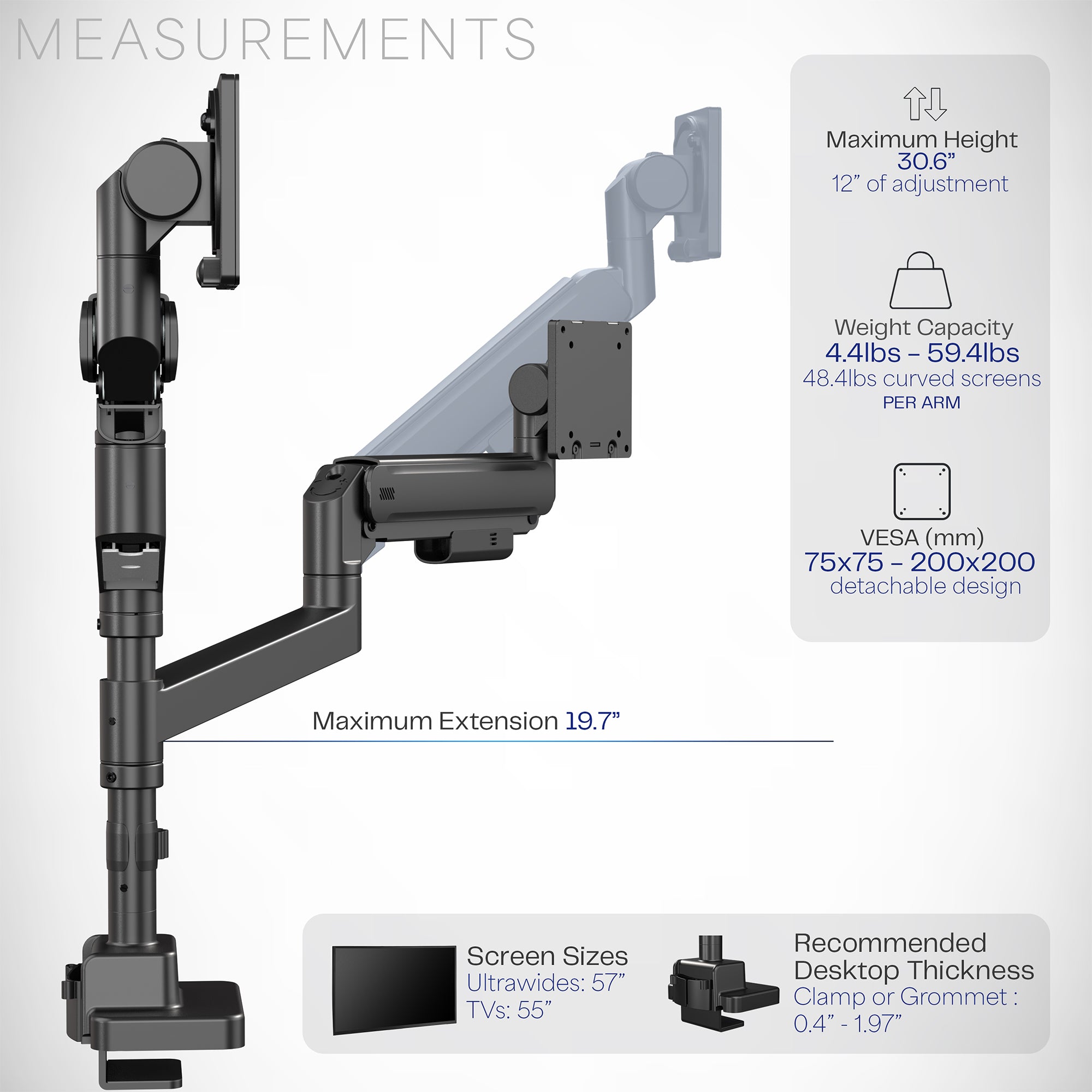 Pneumatic Arm Dual Ultrawide Monitor Desk Mount - Up to 57" Screens