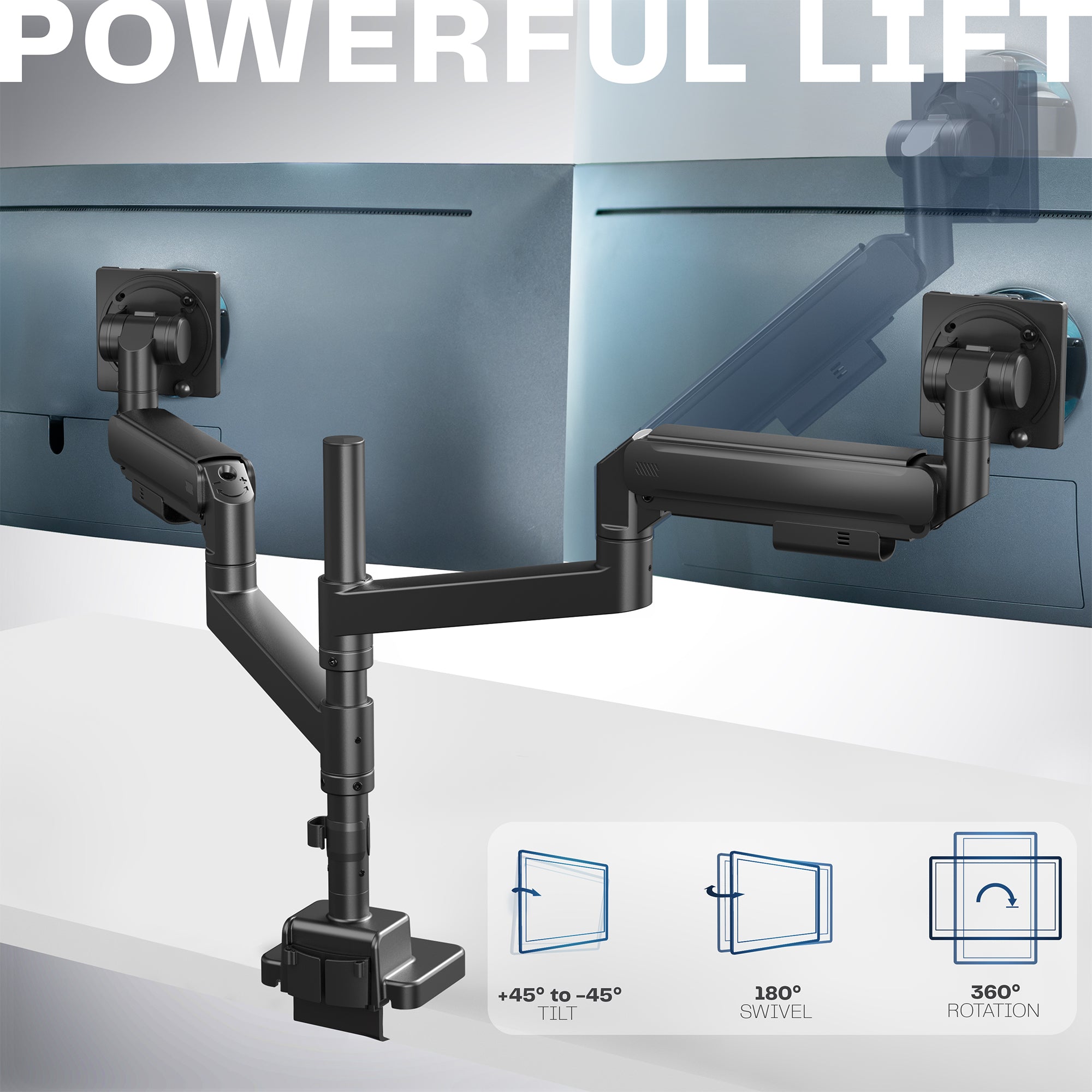 Pneumatic Arm Dual Ultrawide Monitor Desk Mount - Up to 57" Screens