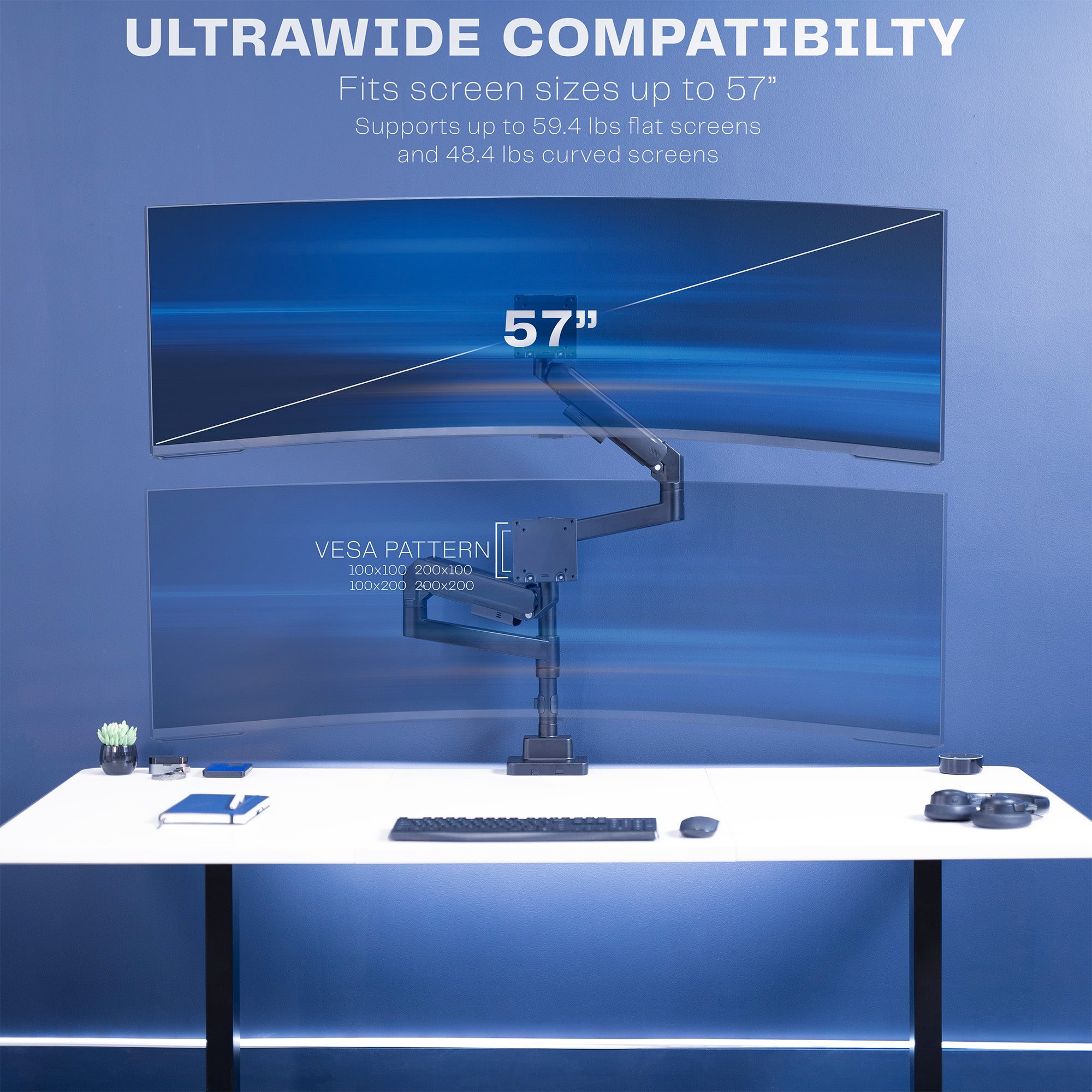 Pneumatic Arm Dual Ultrawide Monitor Desk Mount - Up to 57" Screens