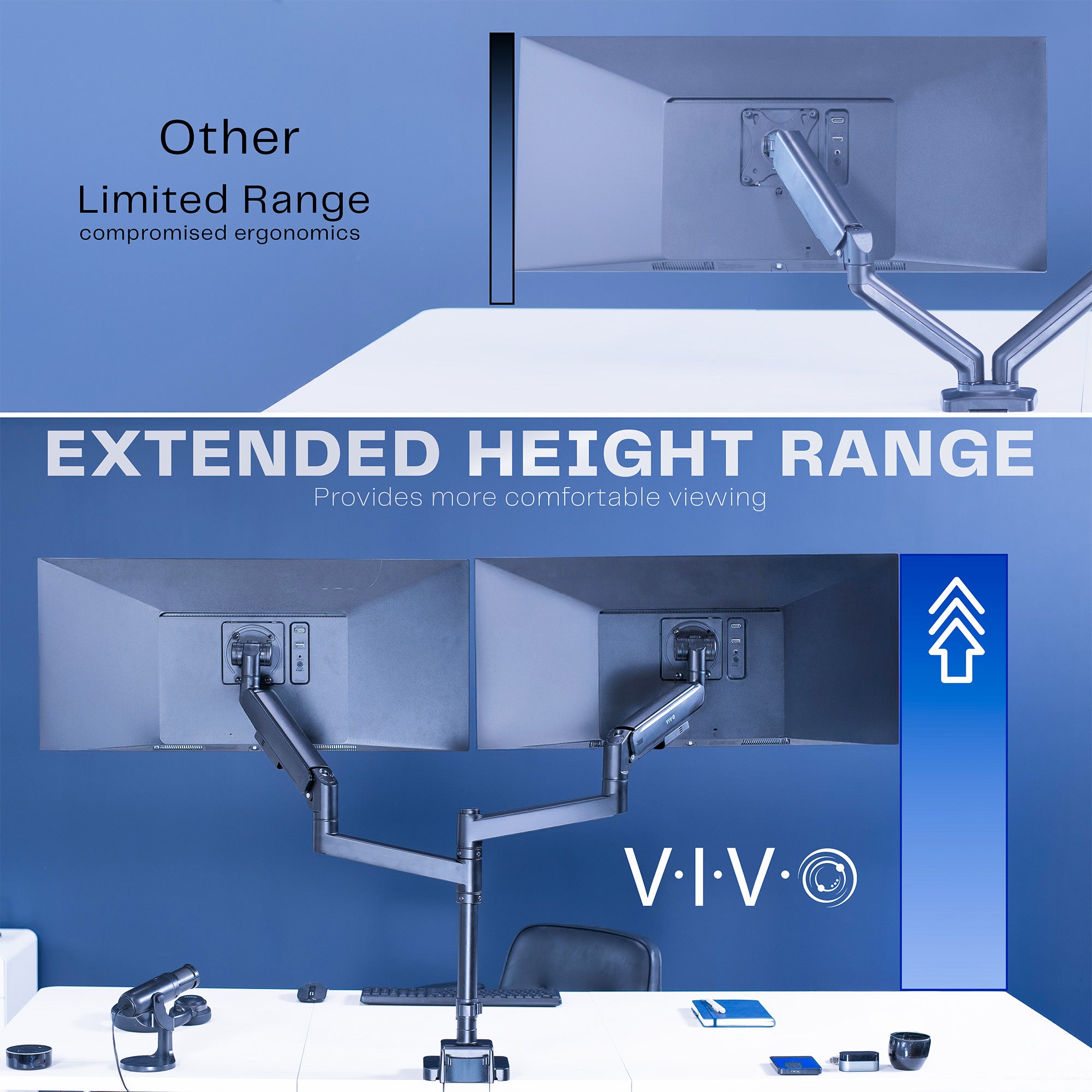 Pneumatic Arm Dual Ultrawide Monitor Desk Mount - Up to 57" Screens