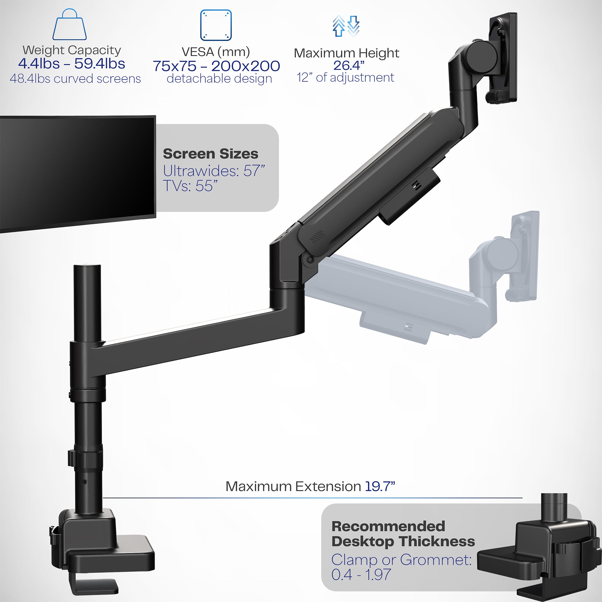 Pneumatic Arm Single Ultrawide Monitor Desk Mount - Up to 57" Screens