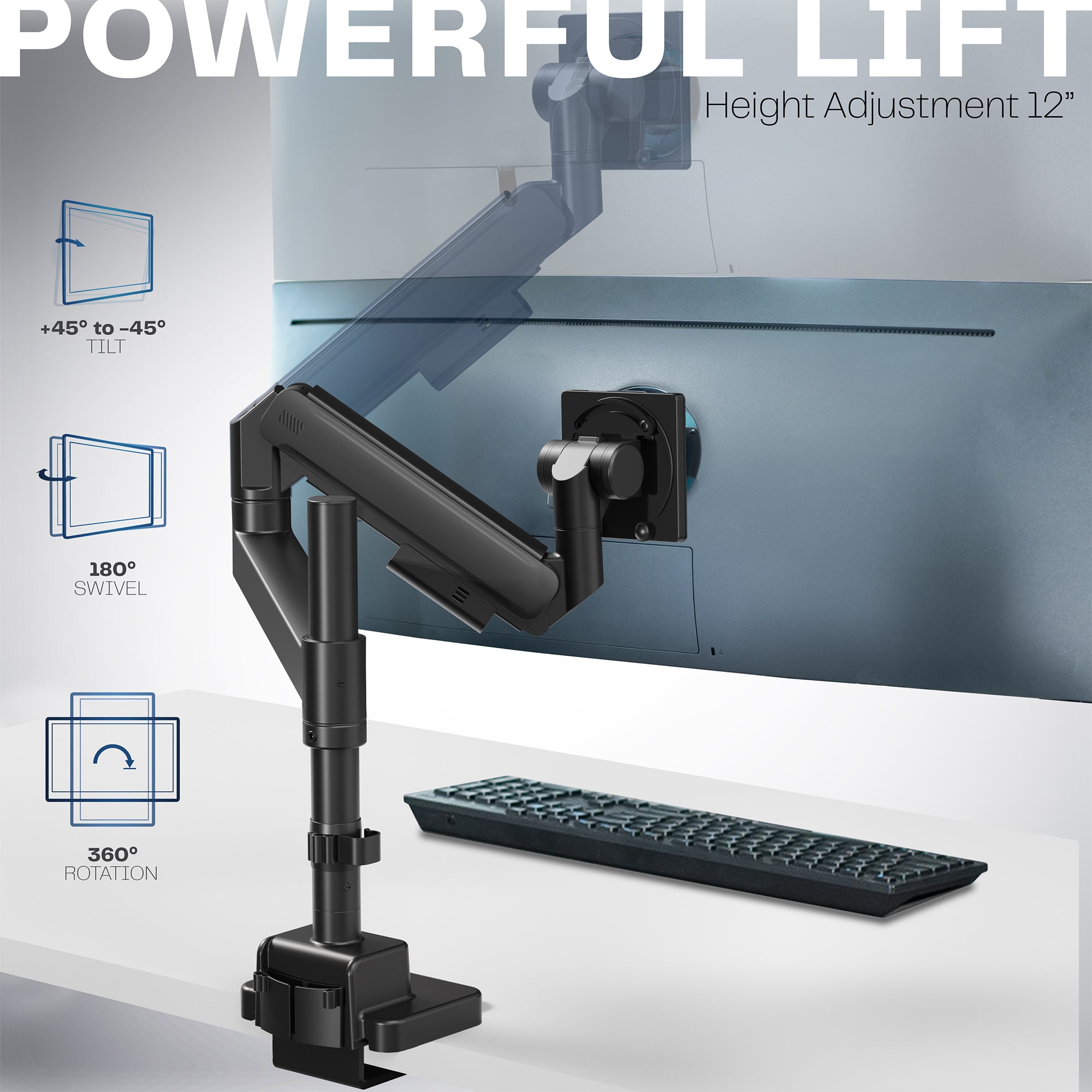Pneumatic Arm Single Ultrawide Monitor Desk Mount - Up to 57" Screens
