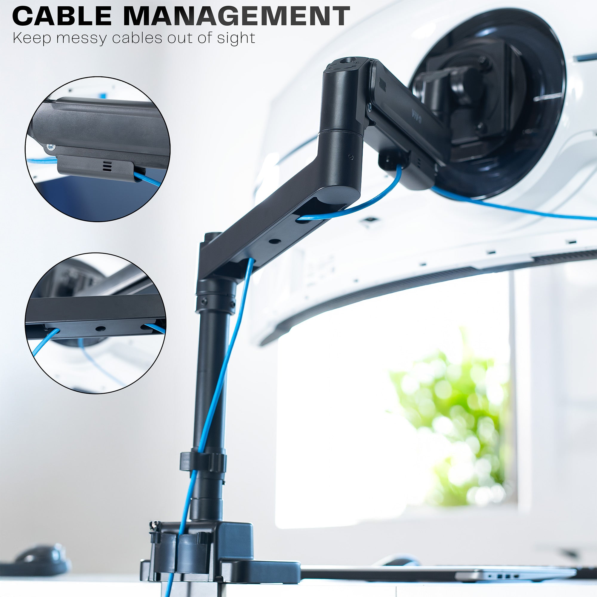 Single ultrawide monitor mounted on a pneumatic arm desk mount with cable management feature.