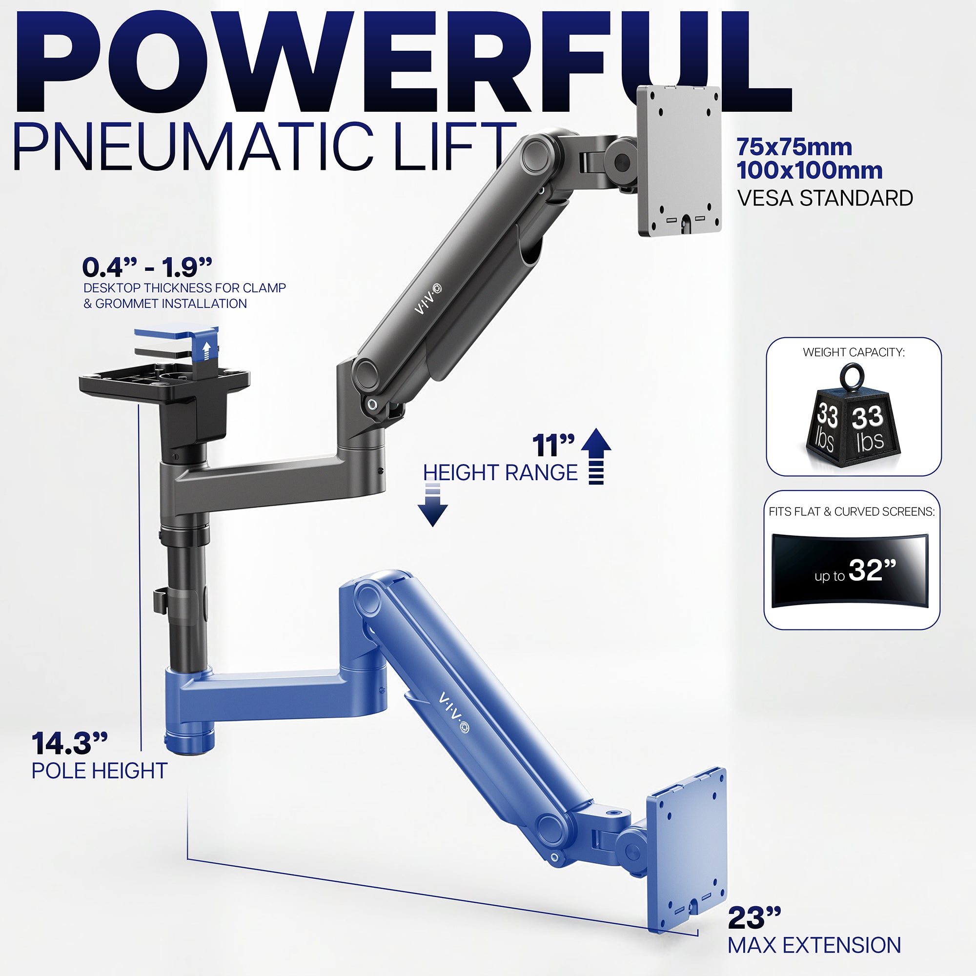 Pneumatic Arm Single Ultrawide Upside Down Monitor Mount - 17" to 32" Screens