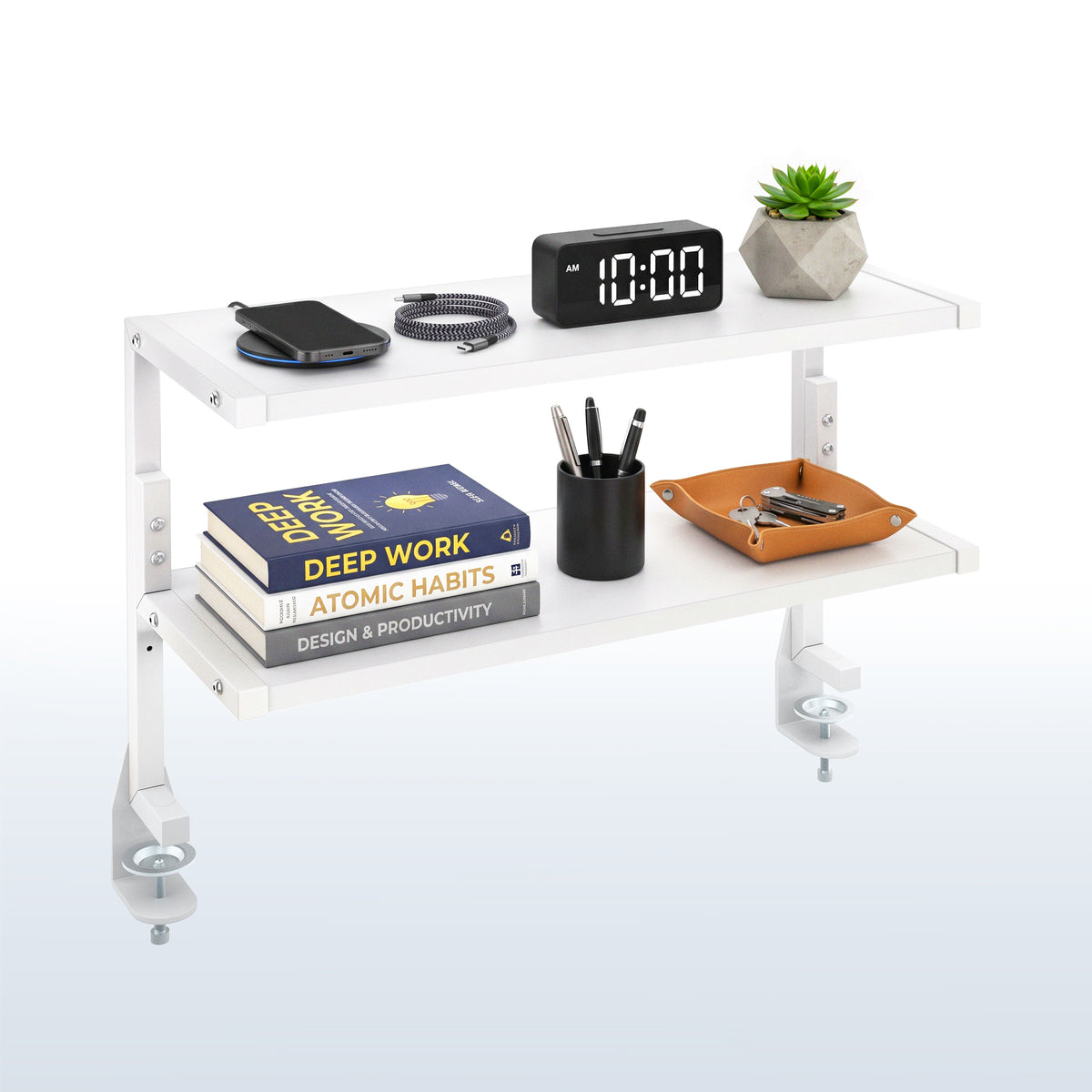 Wide spacious above desk or below desk clamp-on shelf with two shelves for convenient storage and organization. Lower shelf height adjusts.