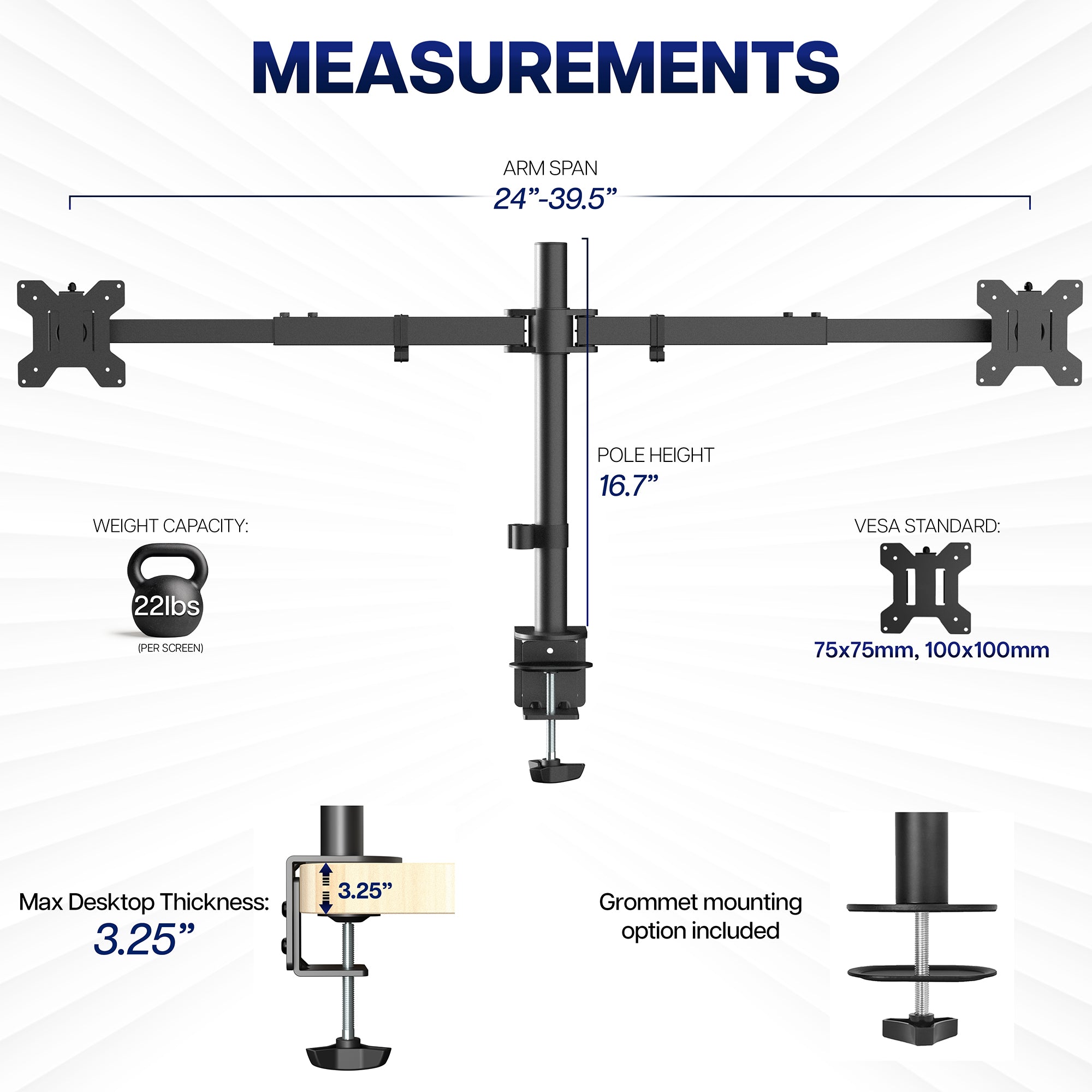Measurements and specifications of a dual monitor stand with telescoping arms.