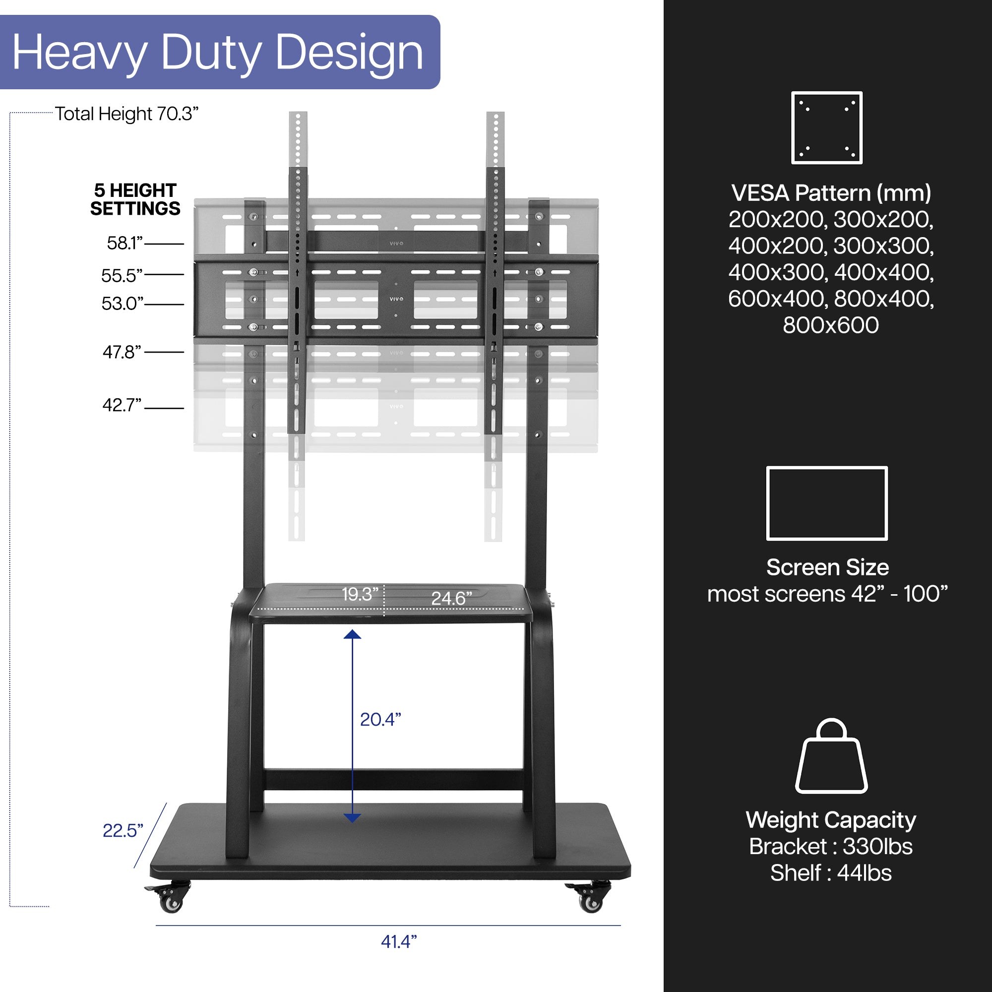 A solid steel-constructed mobile TV cart with a shelf for storage or decoration.