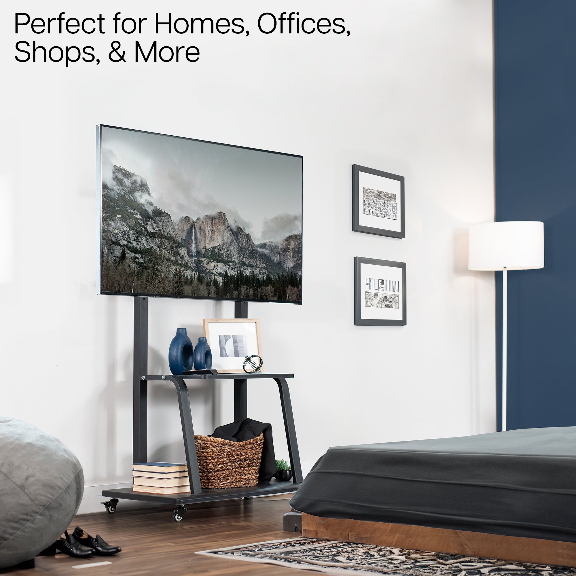 TV stand with a stable base and locking caster wheels perfect for homes, offices, shops, & more.
