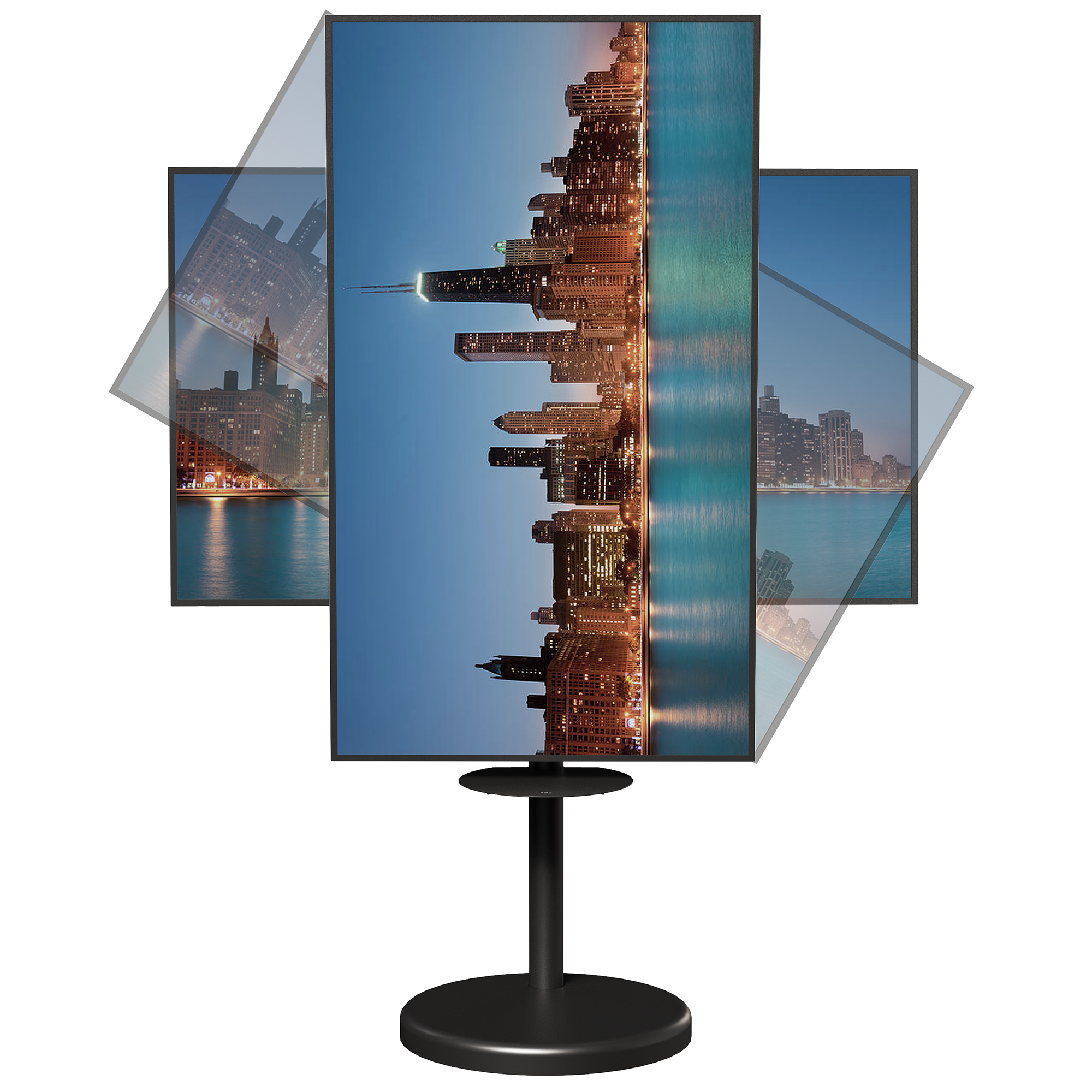 Mobile TV stand with shelf featuring height adjustment, tilt, swivel, rotation, and built-in cable management.
