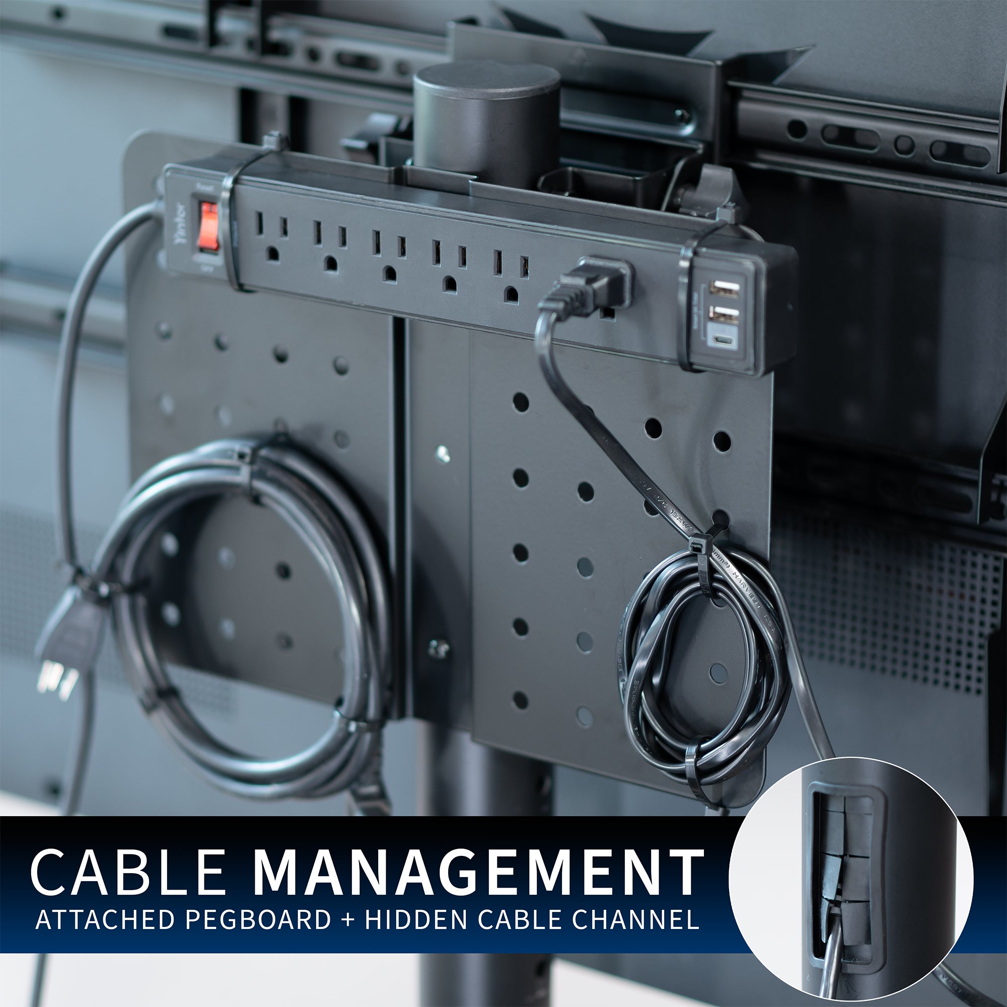 Mobile TV stand with shelf featuring height adjustment, tilt, swivel, rotation, and built-in cable management.