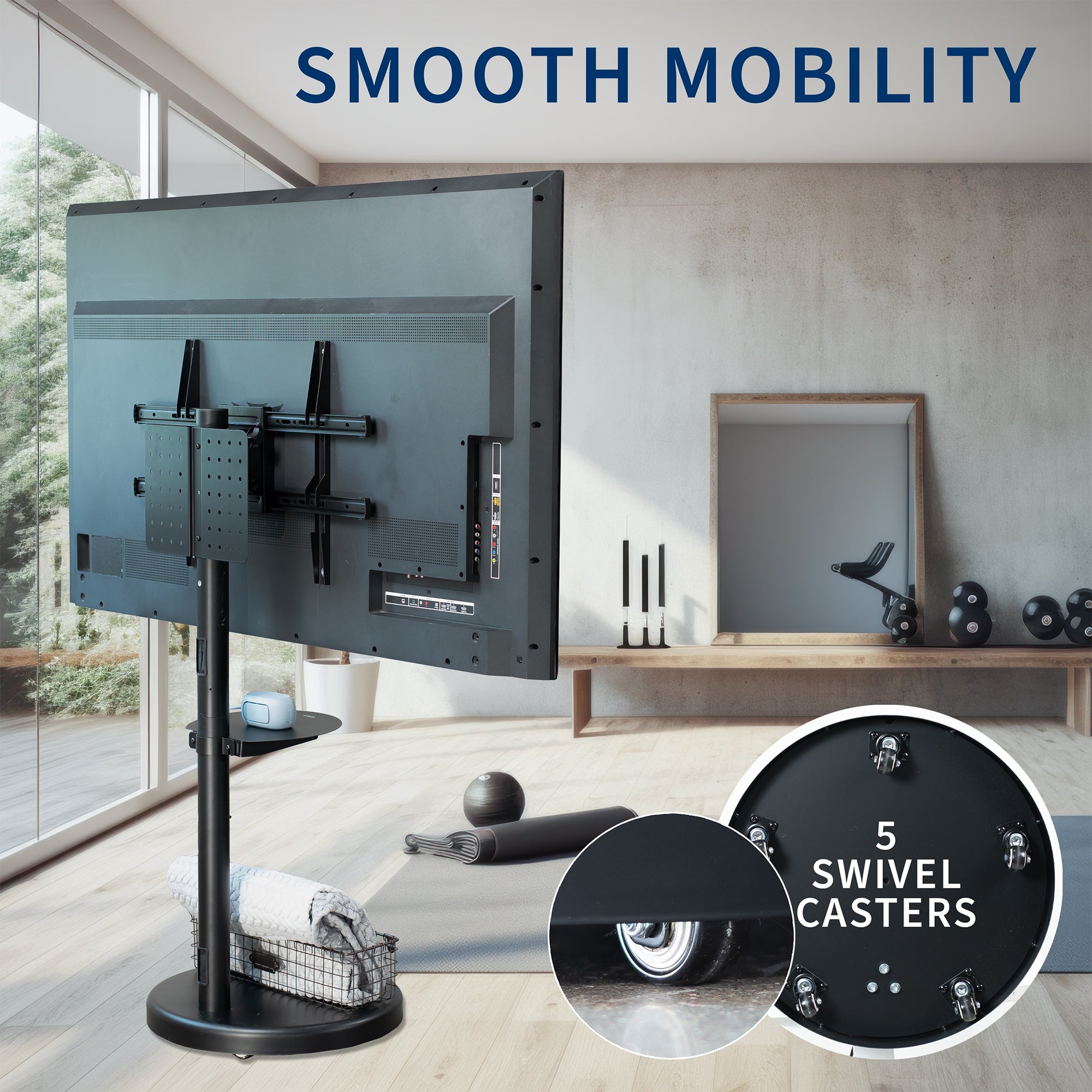 Mobile TV stand with shelf featuring height adjustment, tilt, swivel, rotation, and built-in cable management.