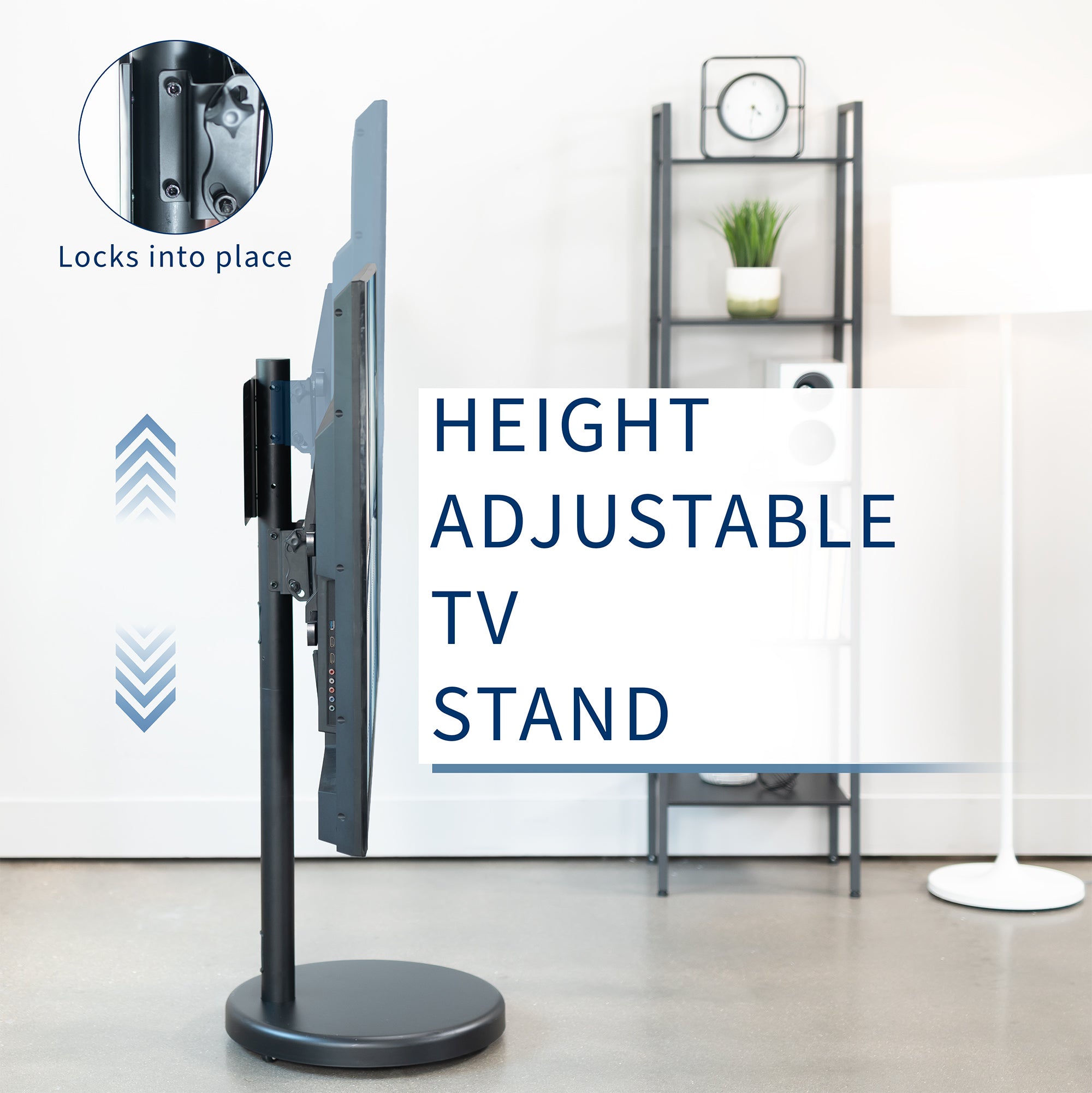 Mobile TV stand with shelf featuring height adjustment, tilt, swivel, rotation, and built-in cable management.