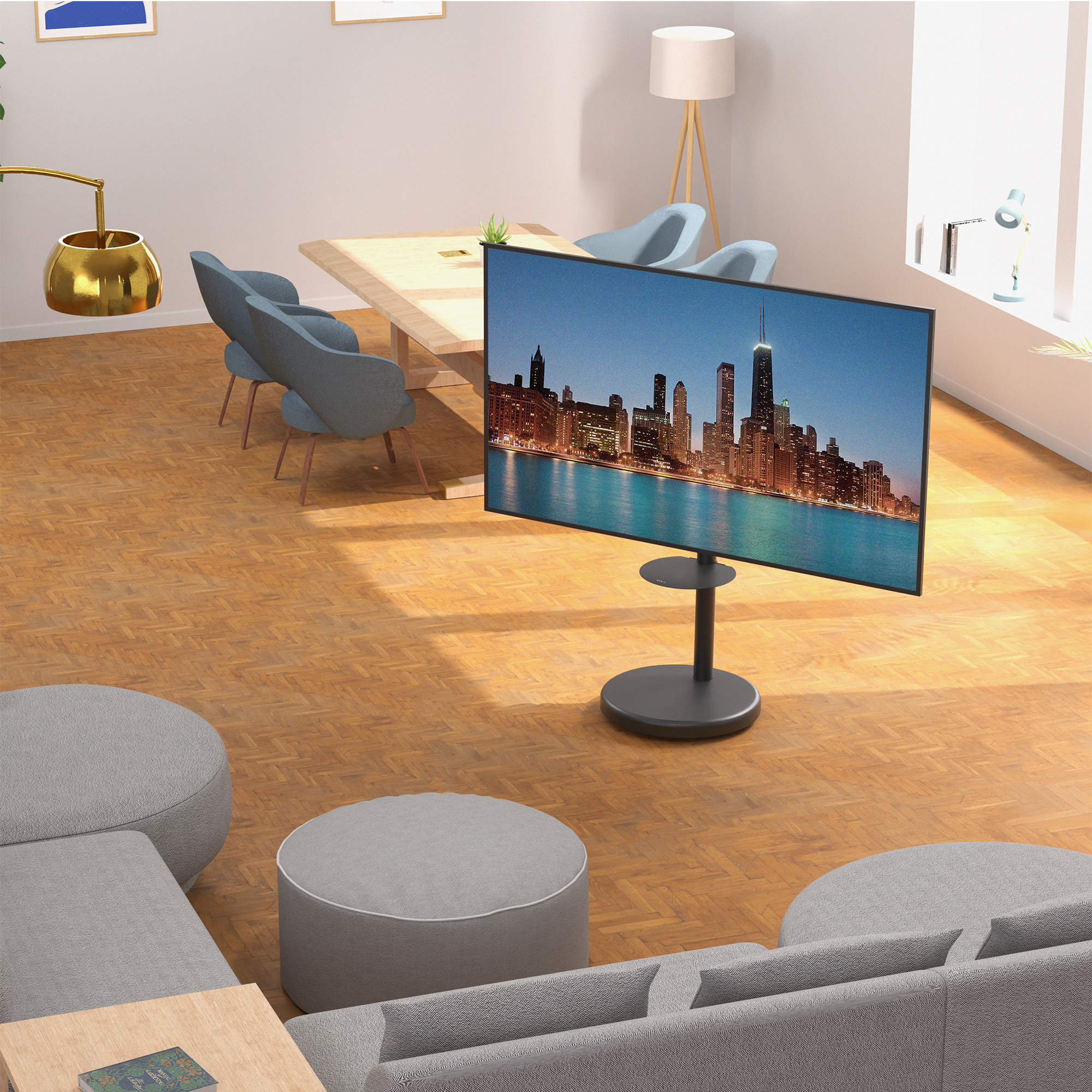Mobile TV stand with shelf featuring height adjustment, tilt, swivel, rotation, and built-in cable management.