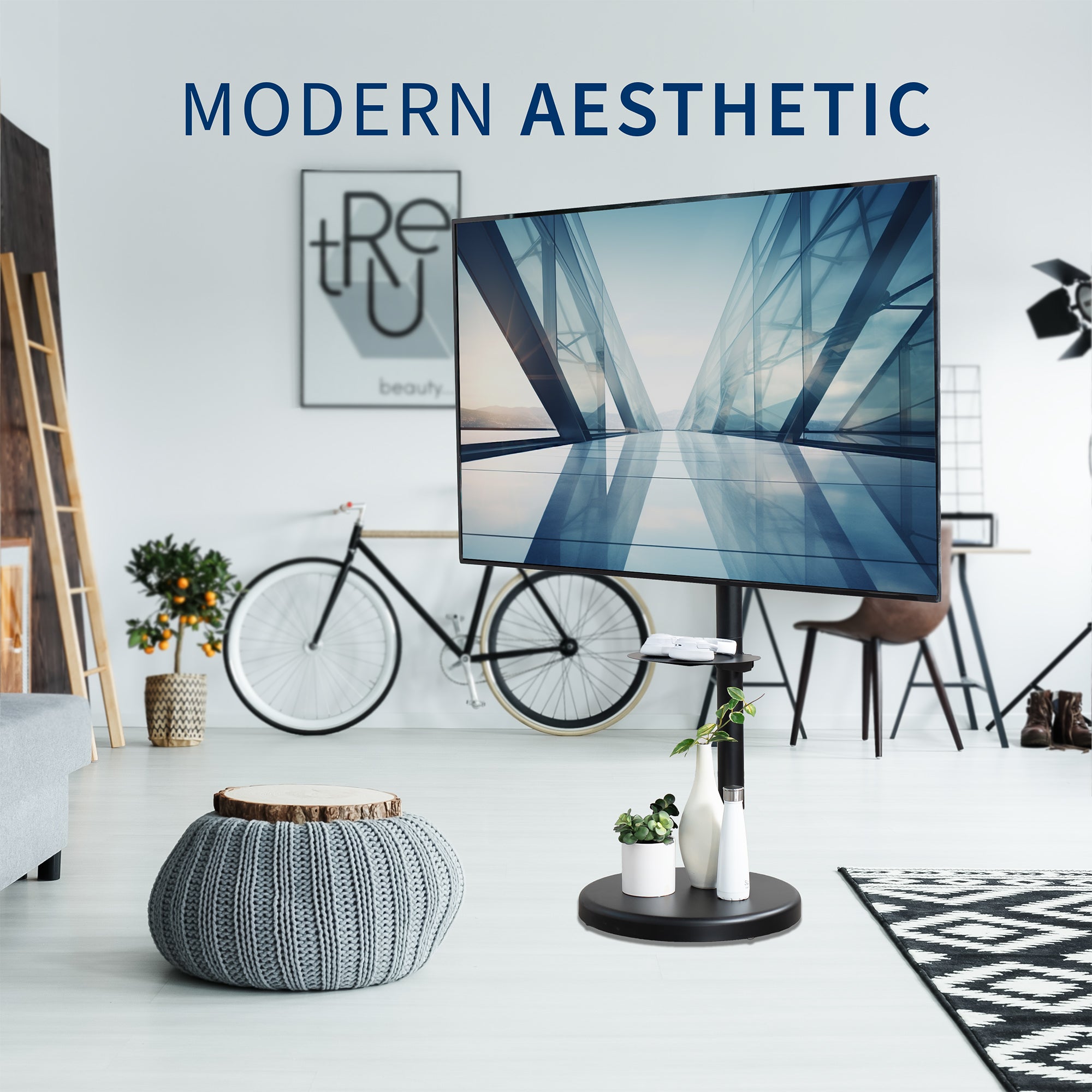 Mobile TV stand with shelf featuring height adjustment, tilt, swivel, rotation, and built-in cable management.