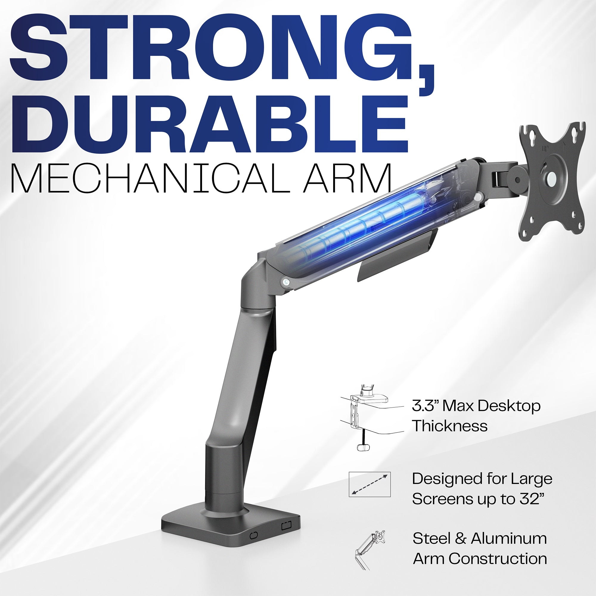 Mechanical Arm Single Monitor Desk Mount with text highlighting its strength, durability, and features on a white background