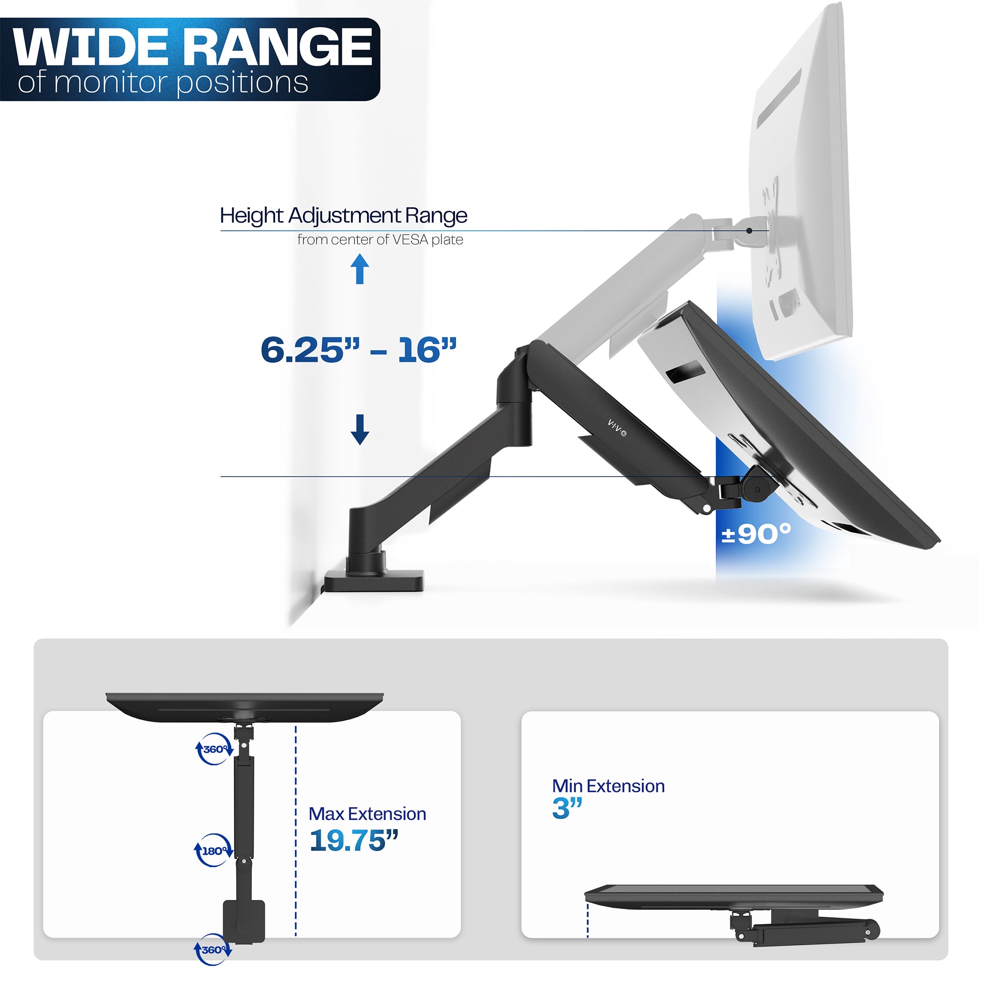 Mechanical Arm Single 17" to 32" Monitor Desk Mount with height adjustment range and desk support on a white background
