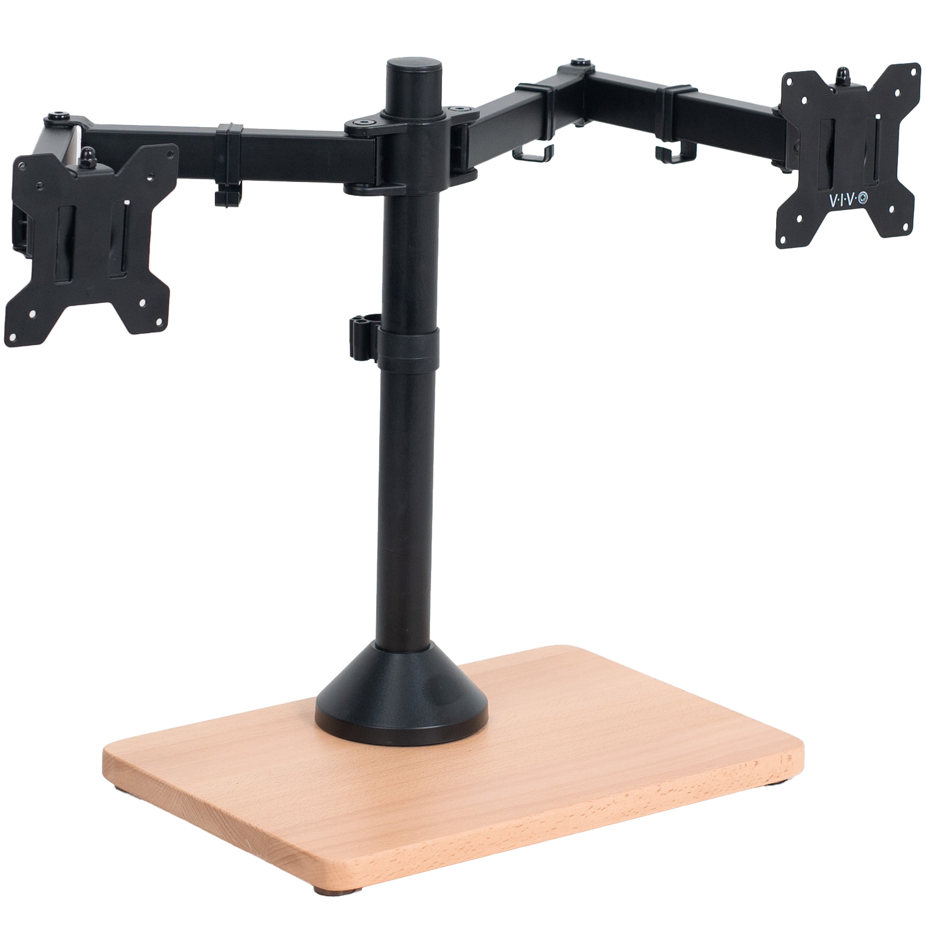 Dual monitor mount desk stand with wooden base. Featuring height adjustment, tilt, swivel, rotation, and built-in cable management.