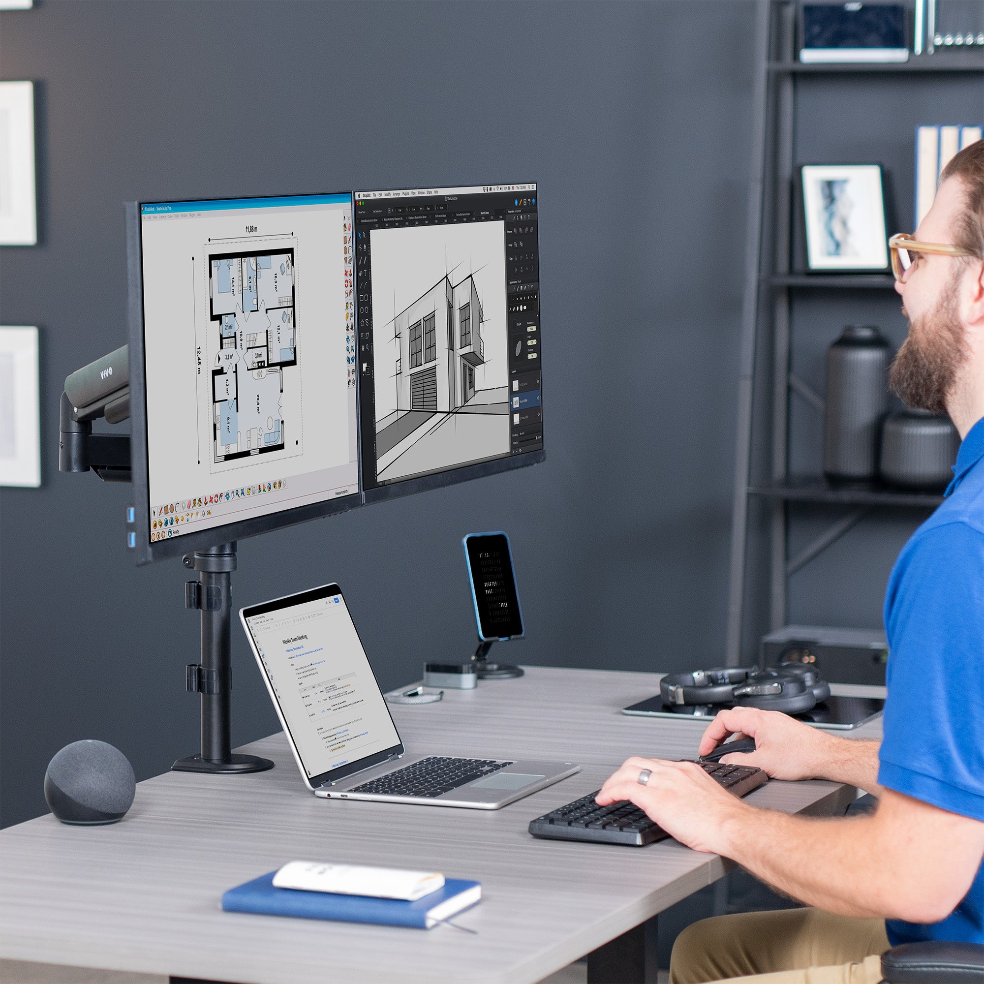 Sturdy adjustable mechanic arm dual monitor ergonomic desk stand for office workstation.