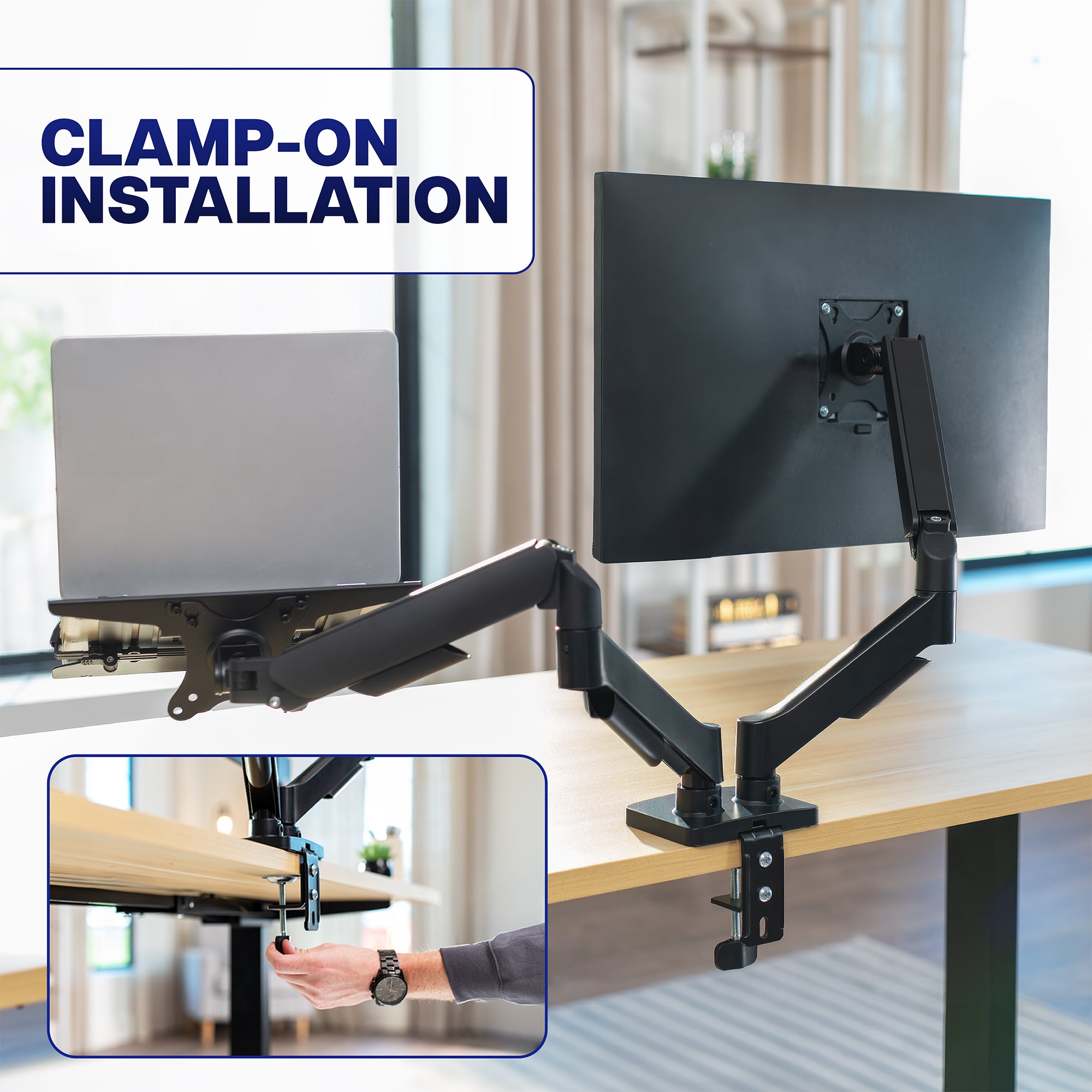 Mechanical Arm Single Monitor and Laptop Desk Mount - Up to 32" Screens, 15.6" Laptops