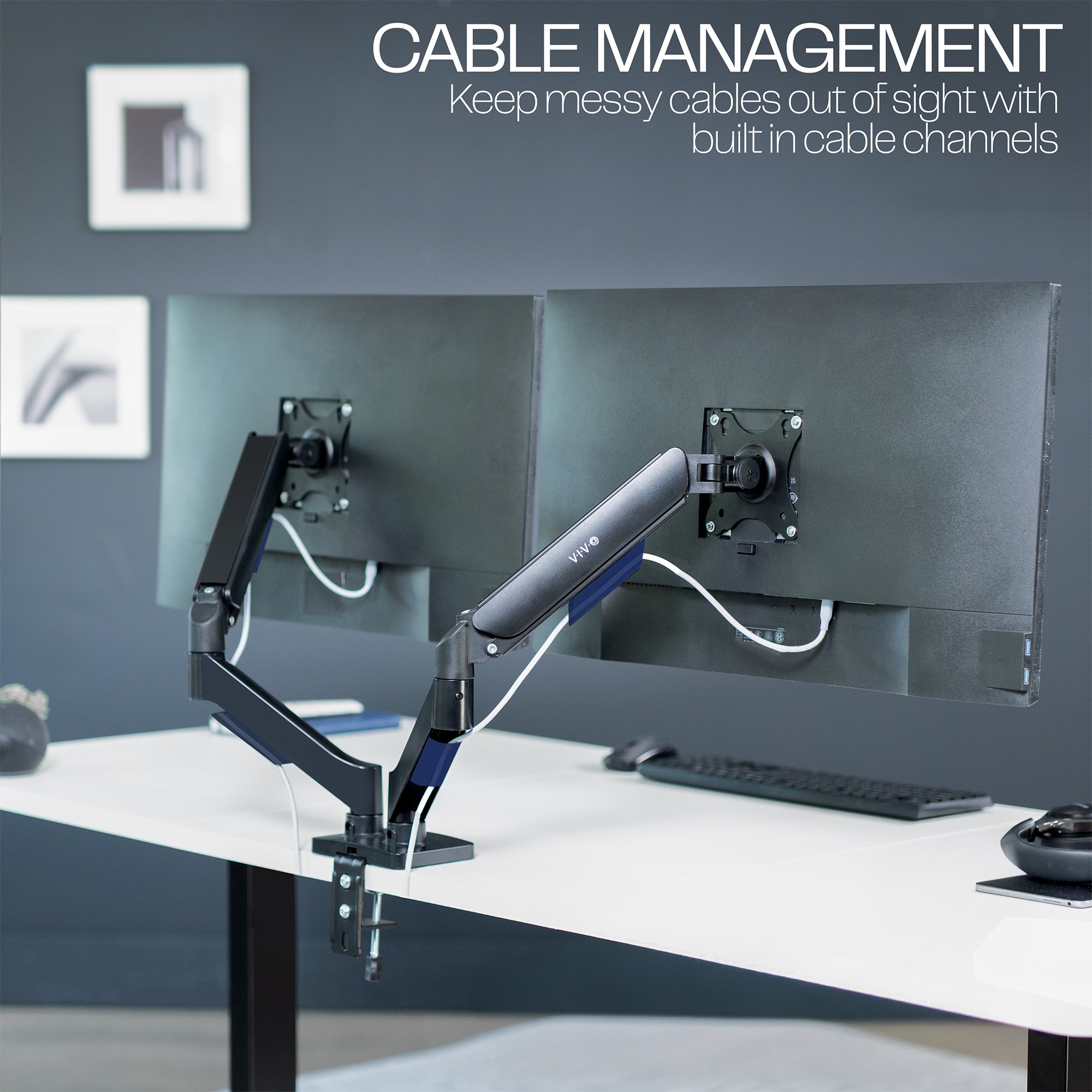 Sturdy adjustable mechanical arm dual monitor ergonomic desk stand for office workstation.