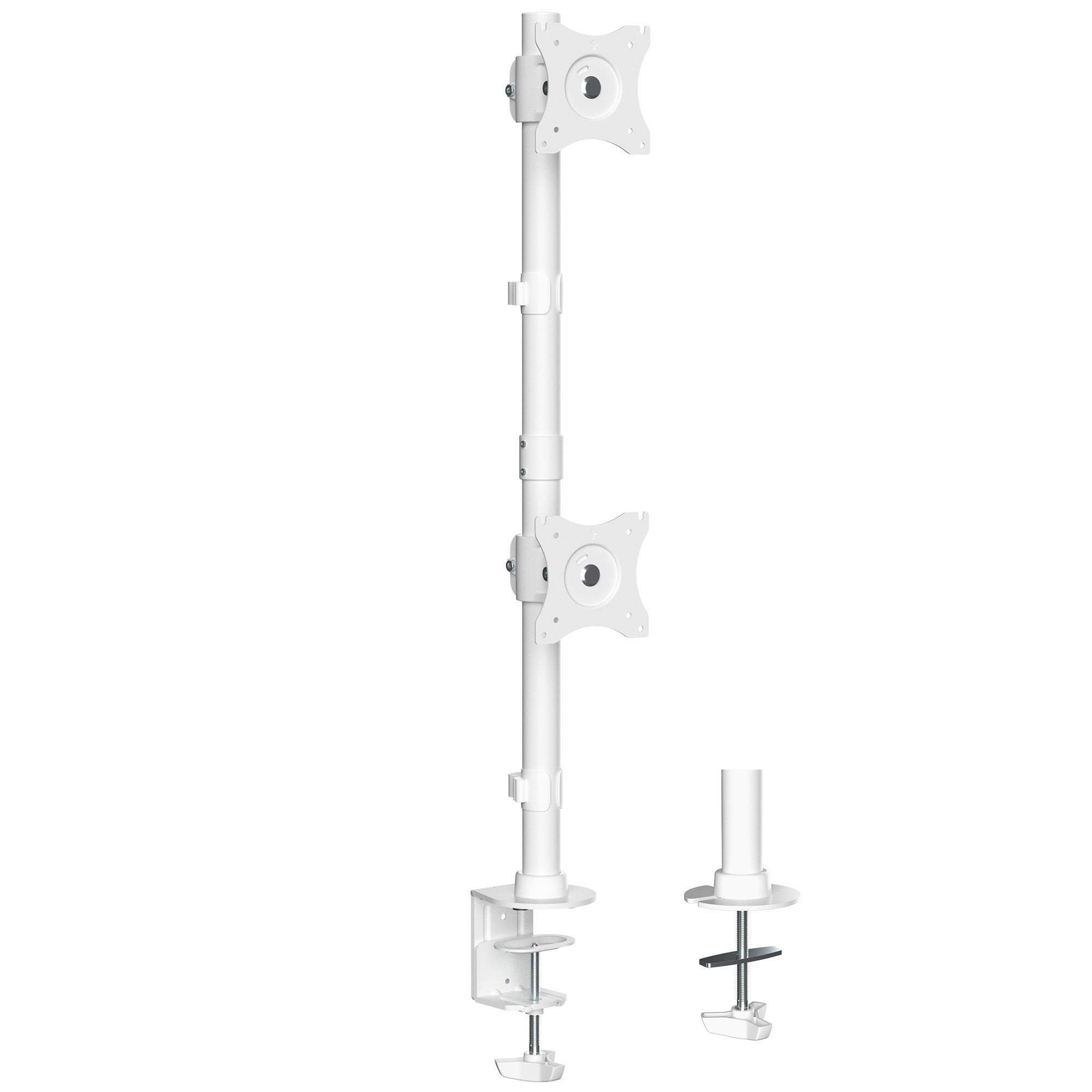 Sturdy adjustable vertical dual monitor ergonomic desk mount for office workstation.