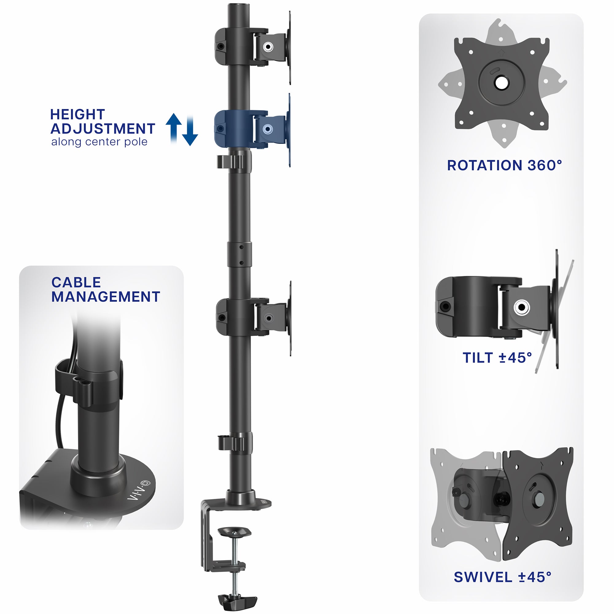 Sturdy adjustable vertical dual monitor ergonomic desk mount for office workstation.
