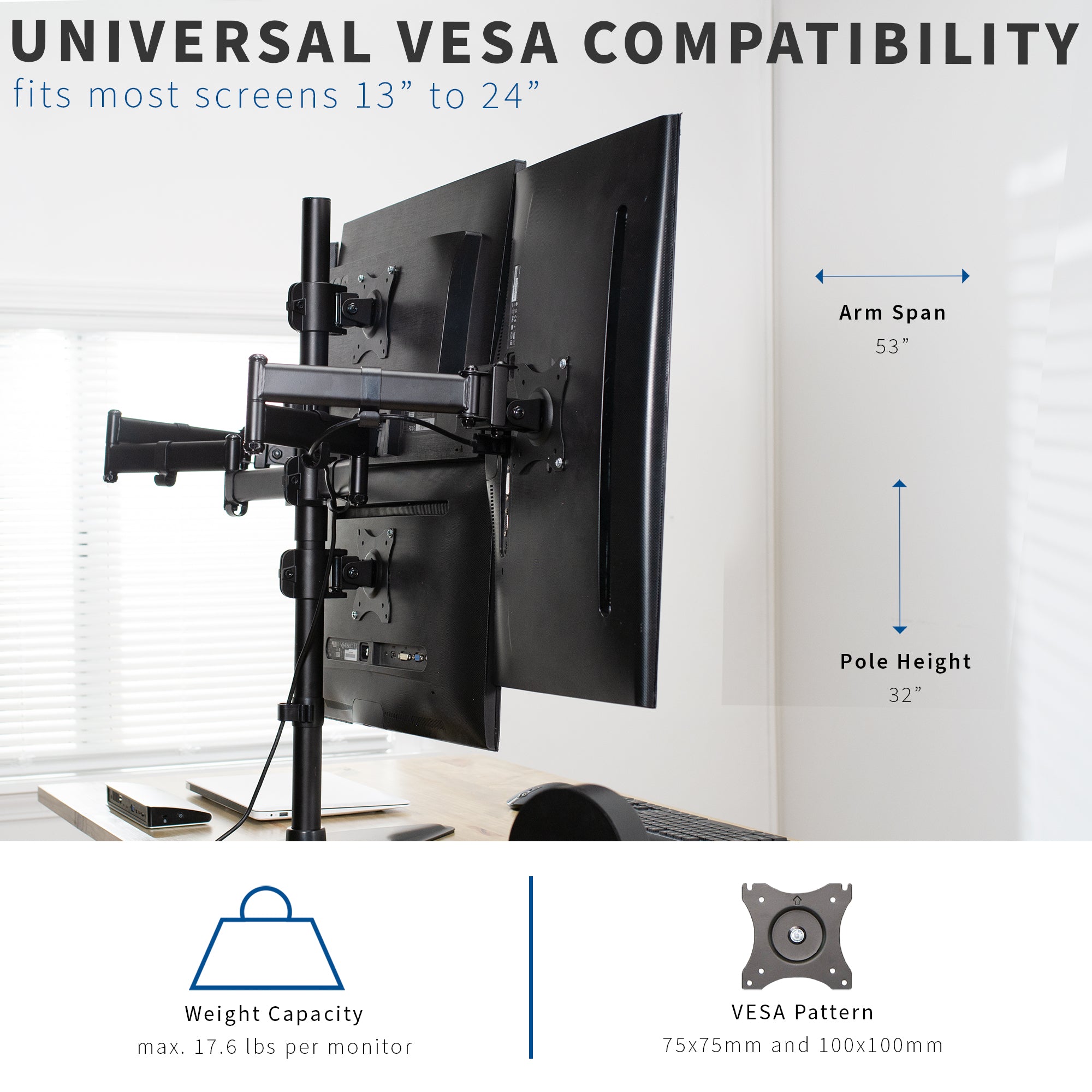 Quad Monitor Desk Stand - 13" to 27" Screens