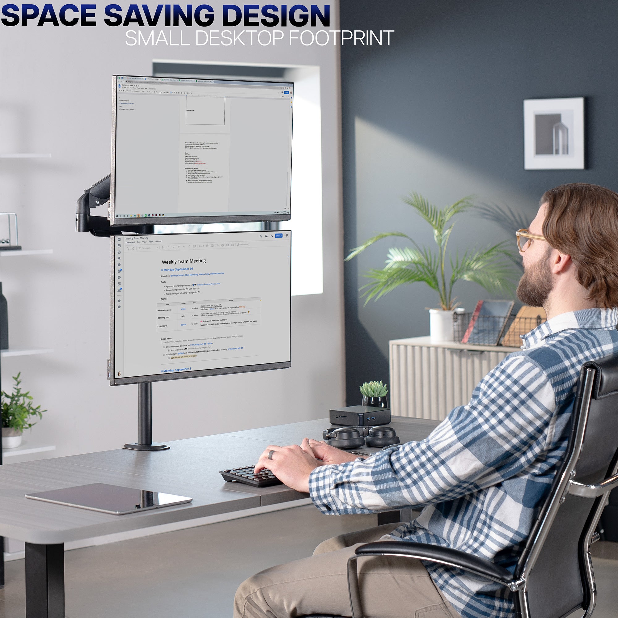 Mechanical Arm Dual 17" to 32" Monitor Extra Tall Desk Mount on desk in home office space