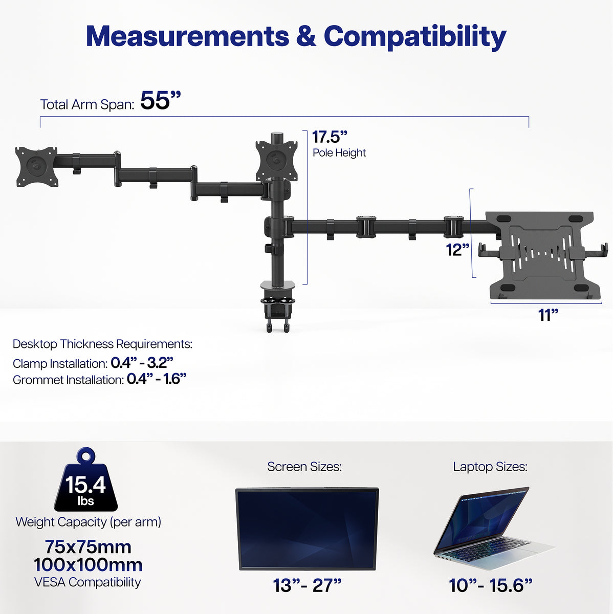 A product measurement and compatibility infographic for a dual monitor mount and laptop mount. The diagram shows the monitor arm with labeled dimensions including total arm span of 55 inches, pole height of 17.5"