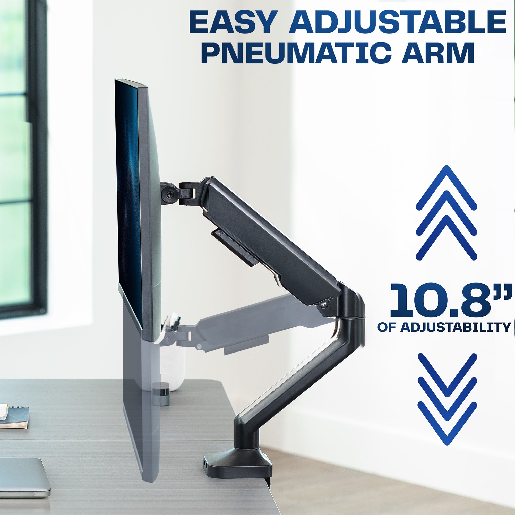 Monitor stand with adjustable pneumatic arm on a desk, featuring text about its adjustability.