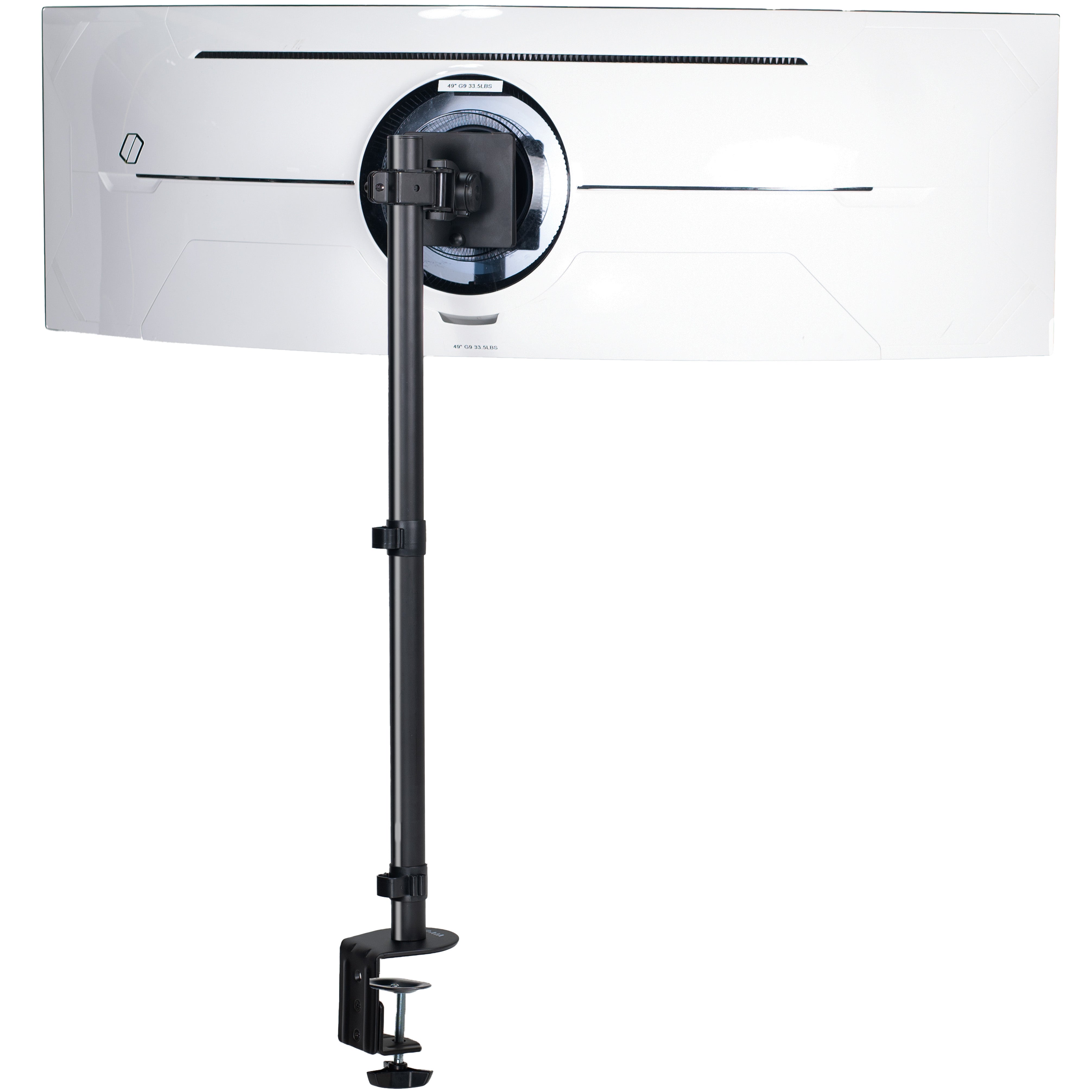 Clamp-on single monitor ultrawide desk mount with height adjustment, tilt, swivel, rotation, and built-in cable management.