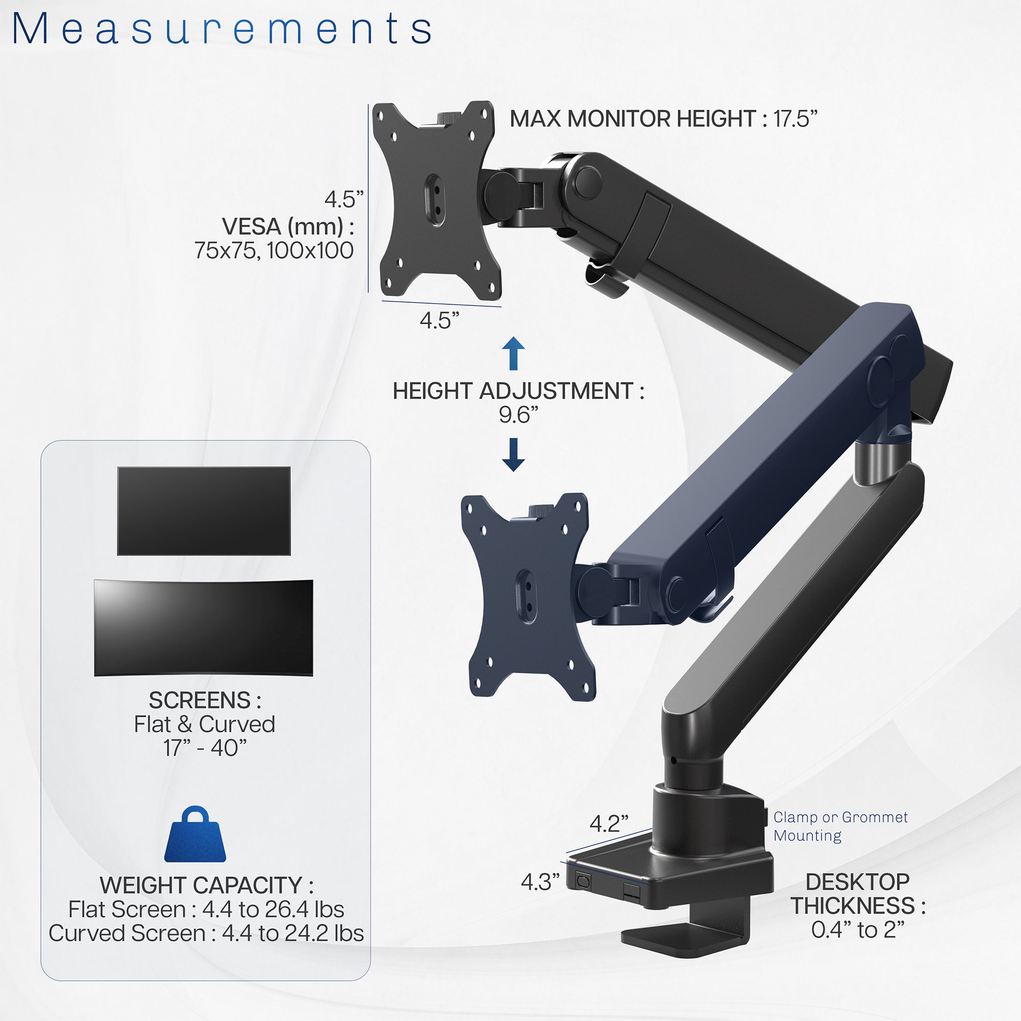 Pneumatic Arm Single Monitor Desk Mount