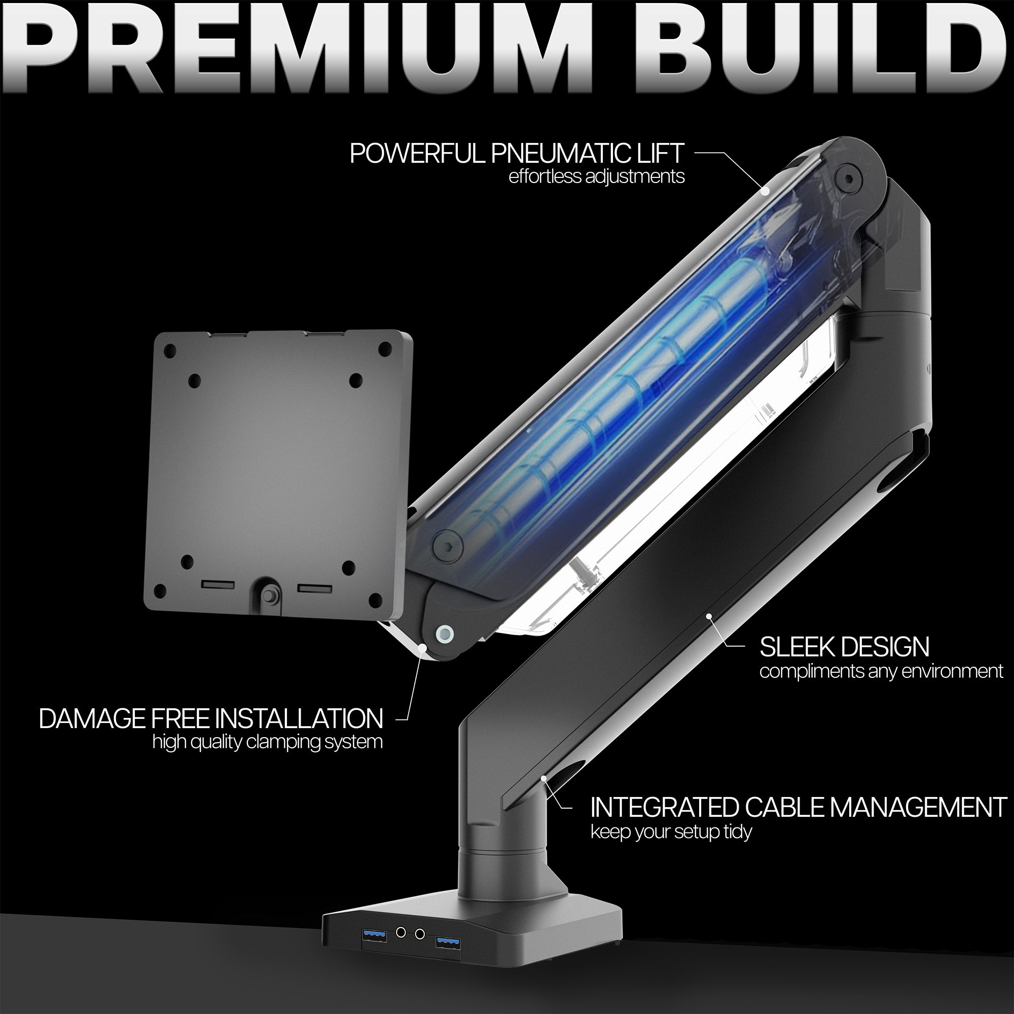Premium Pneumatic Arm Single Monitor Desk Mount with USB with features highlighted on a black background