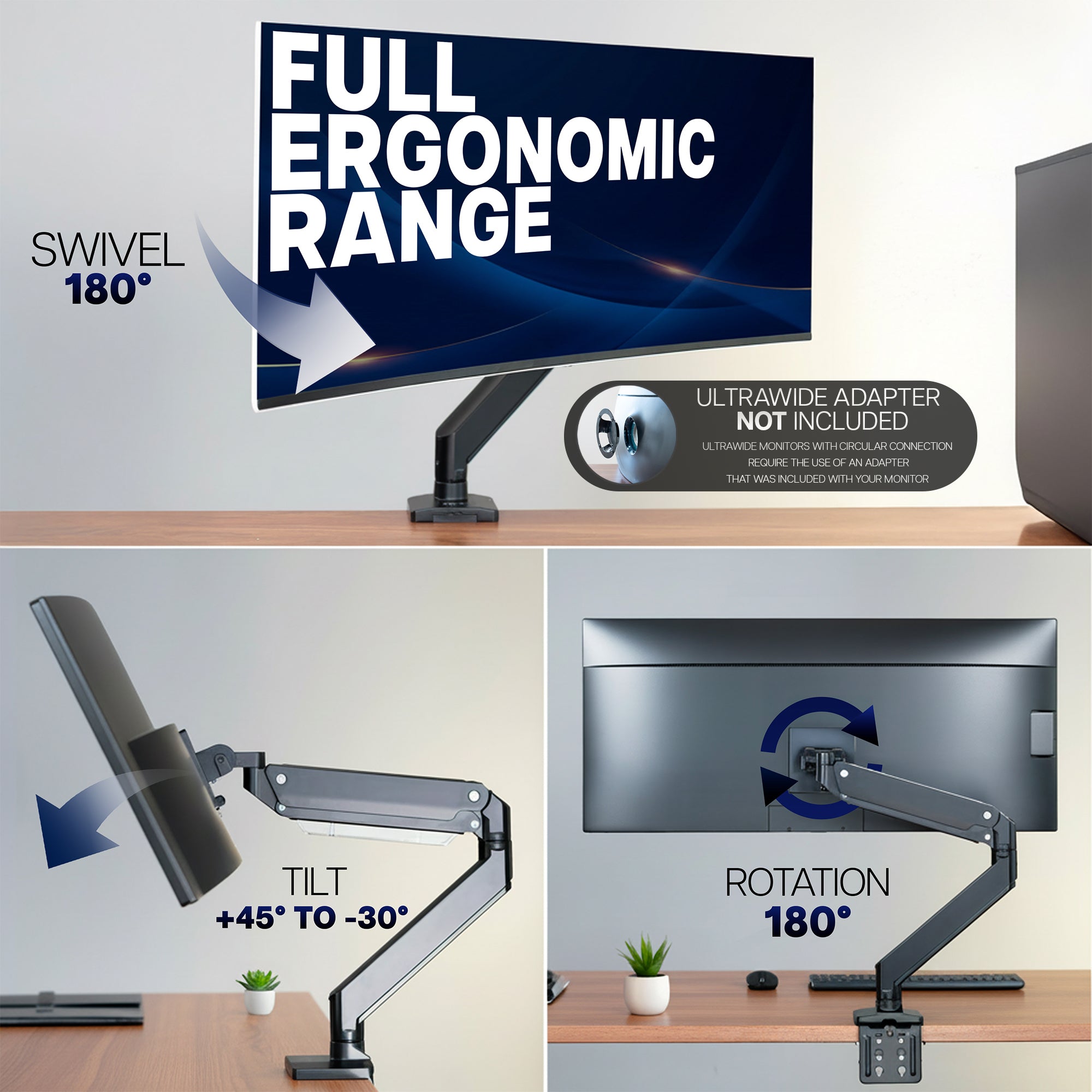 Ergonomic monitor stand with swivel, tilt, and rotation features on a desk.