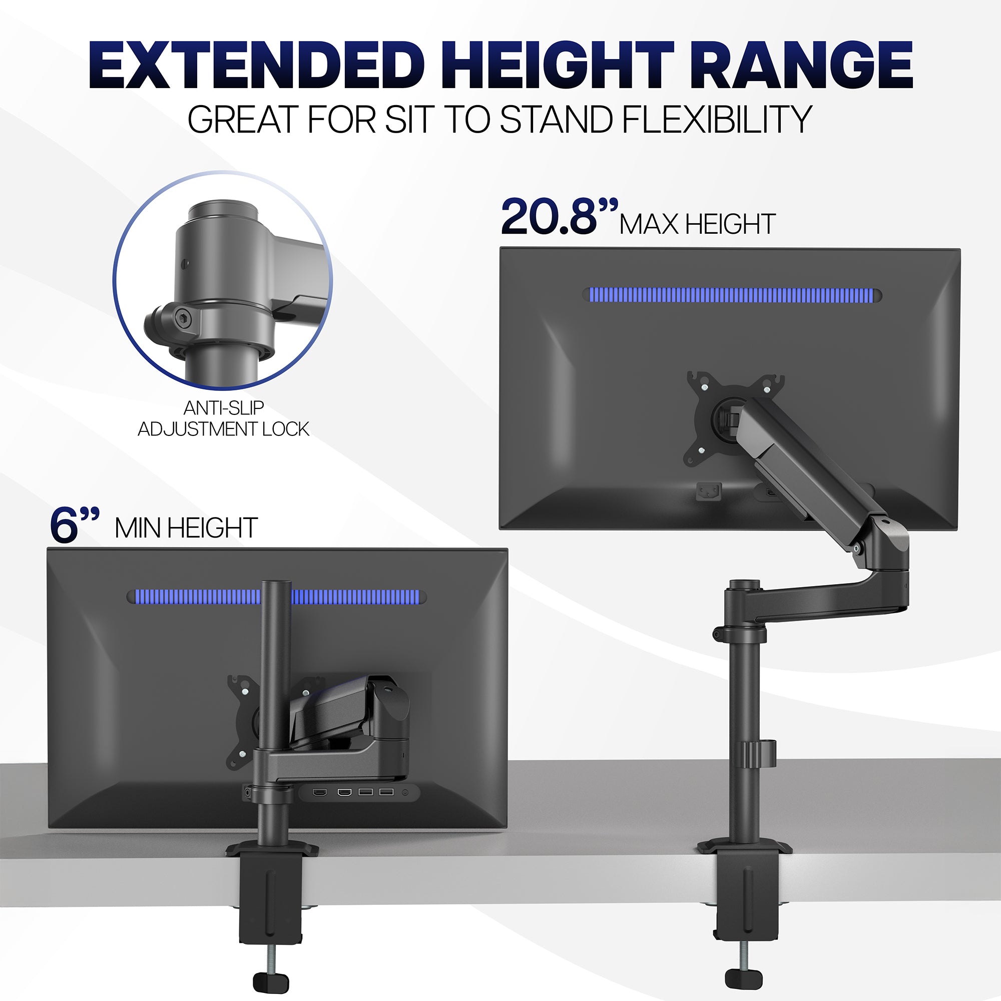 Sturdy adjustable pneumatic arm single monitor ergonomic desk mount for office workstation.