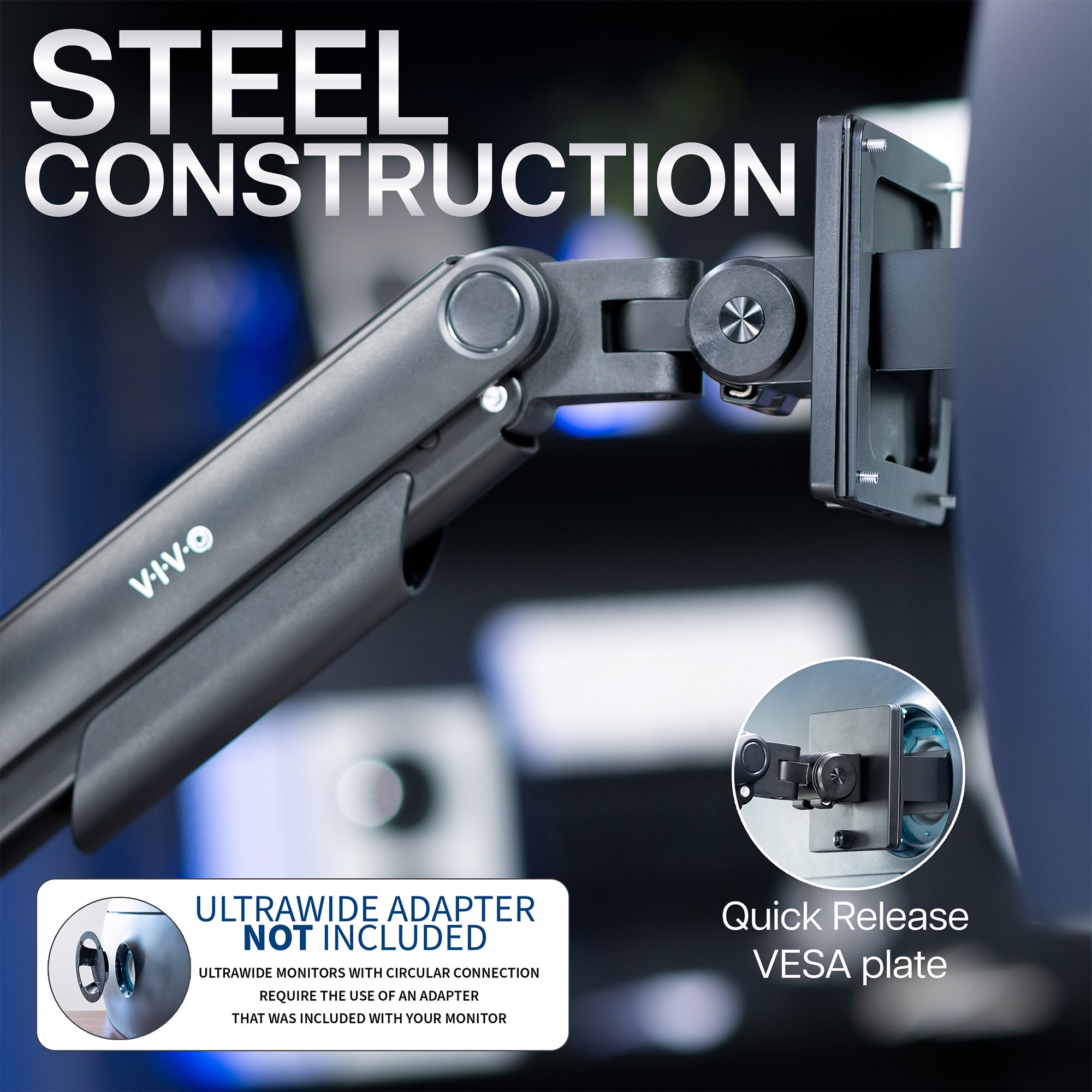 Pneumatic Arm Single Ultrawide Monitor Desk Mount with quick release VESA plate