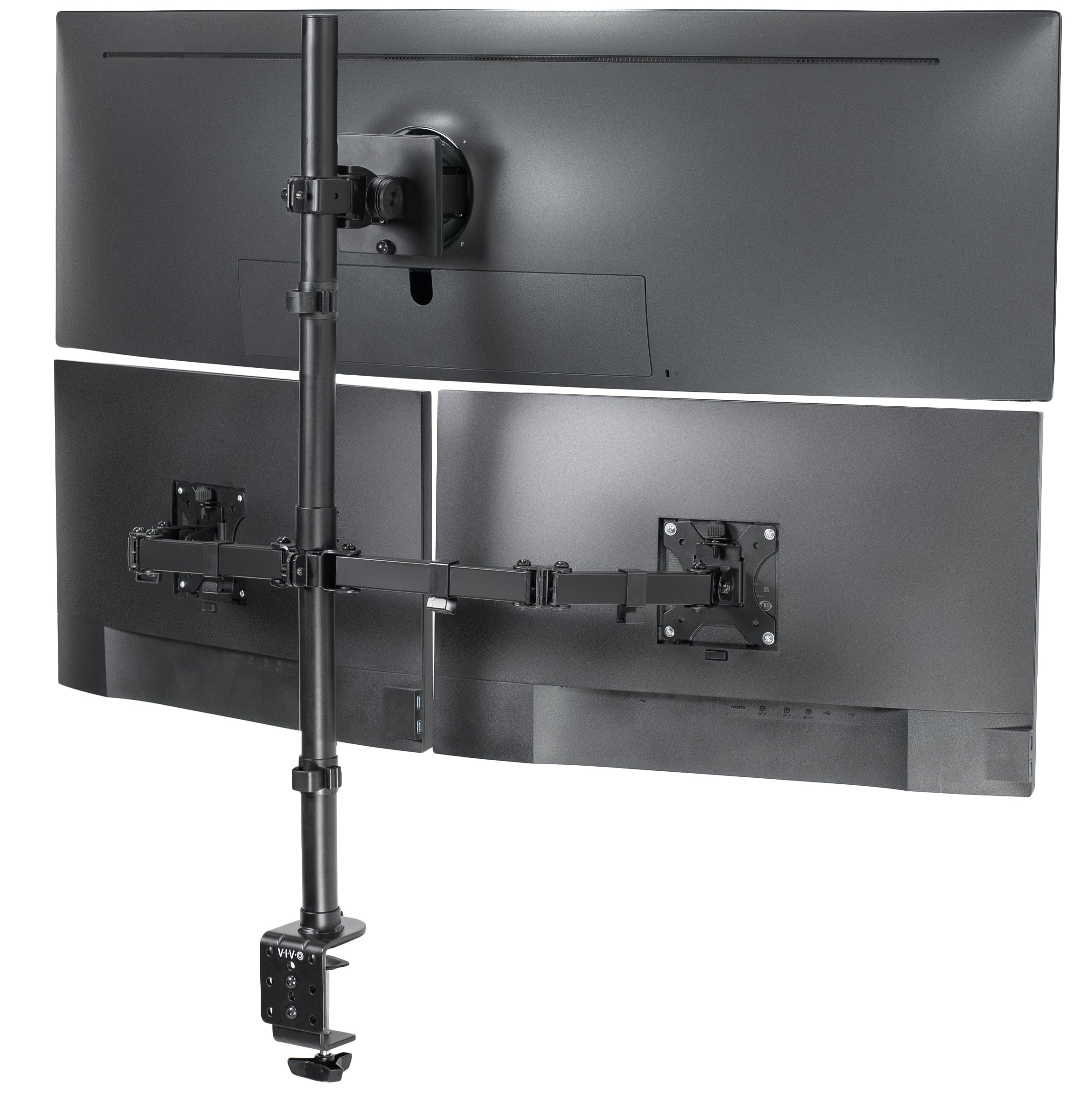 Triple monitor desk mount for ultrawide and standard screens with multiple setup options and flexible placement. Featuring height adjustment, tilt, swivel, rotation, and built-in cable management.