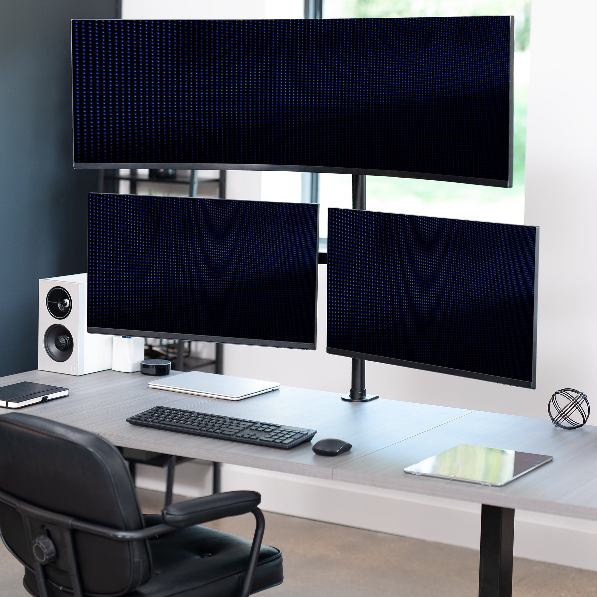 Triple monitor desk mount for ultrawide and standard screens with multiple setup options and flexible placement. Featuring height adjustment, tilt, swivel, rotation, and built-in cable management.