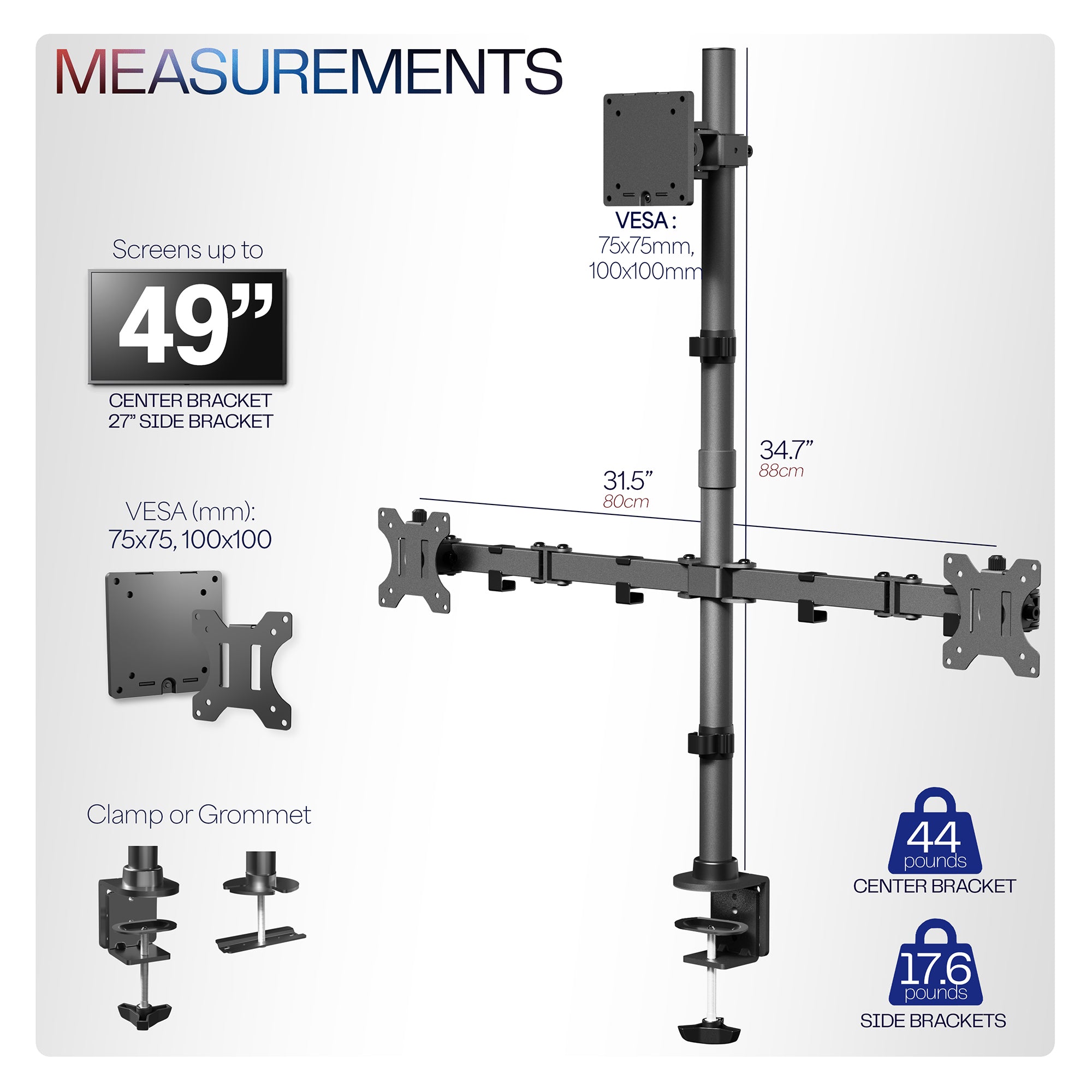 Triple monitor desk mount for ultrawide and standard screens with multiple setup options and flexible placement. Featuring height adjustment, tilt, swivel, rotation, and built-in cable management.