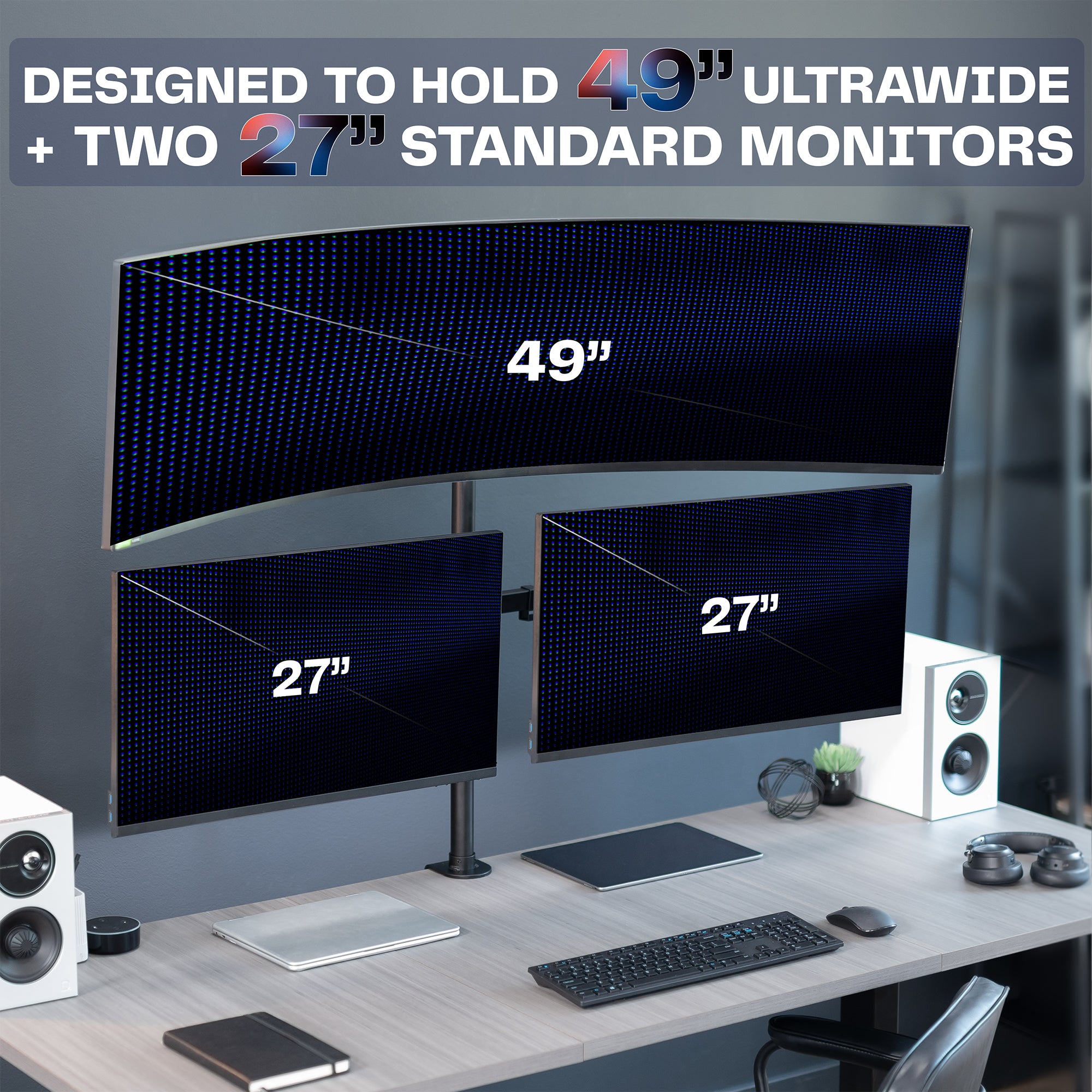 Triple monitor desk mount for ultrawide and standard screens with multiple setup options and flexible placement. Featuring height adjustment, tilt, swivel, rotation, and built-in cable management.