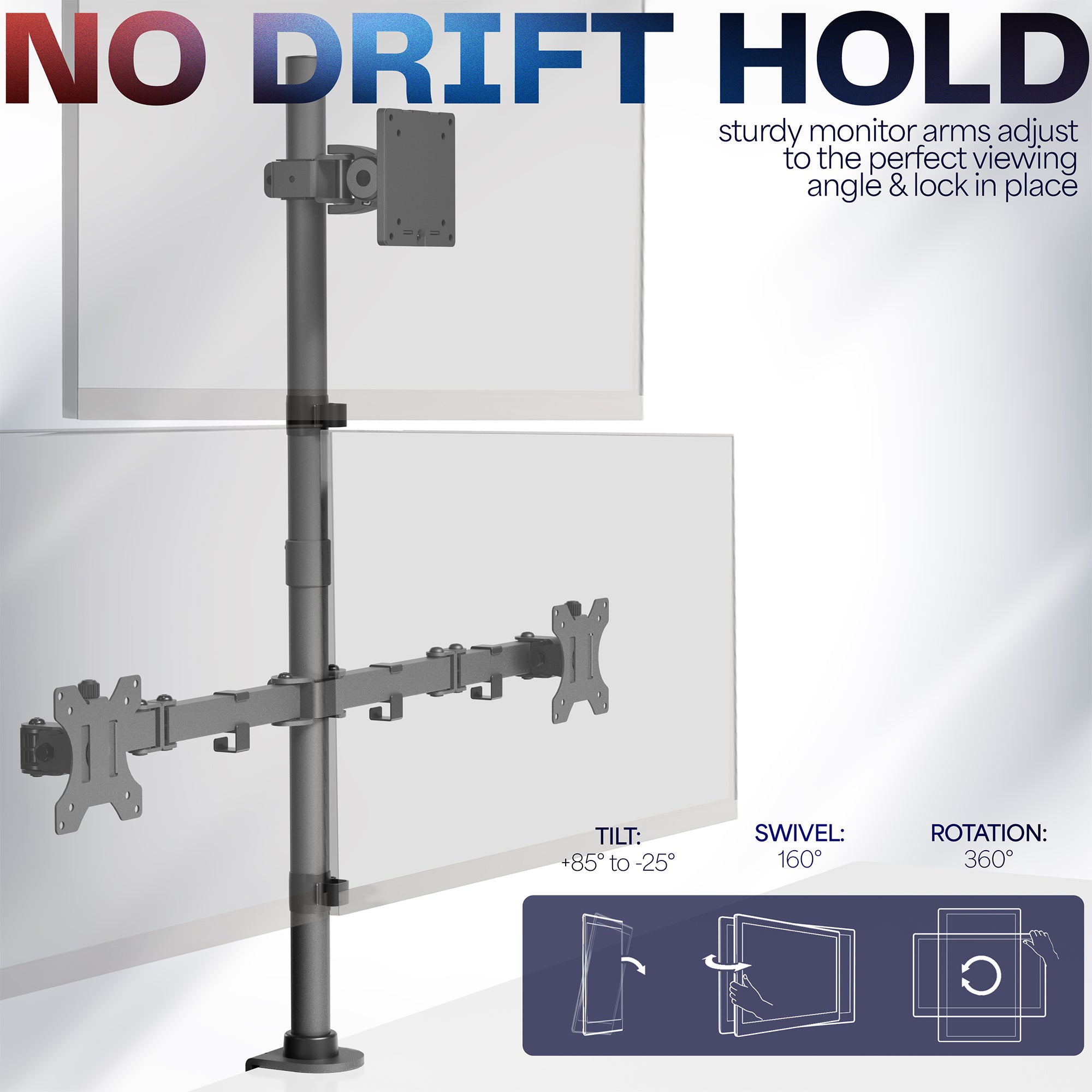 Triple monitor desk mount for ultrawide and standard screens with multiple setup options and flexible placement. Featuring height adjustment, tilt, swivel, rotation, and built-in cable management.
