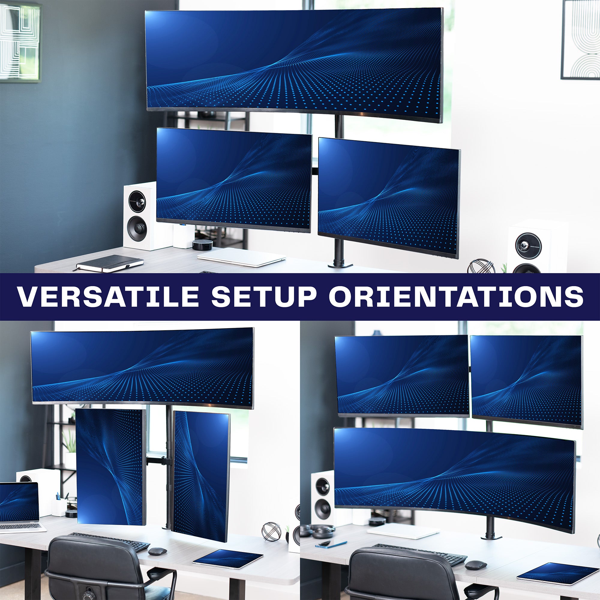 Triple monitor desk mount for ultrawide and standard screens with multiple setup options and flexible placement. Featuring height adjustment, tilt, swivel, rotation, and built-in cable management.